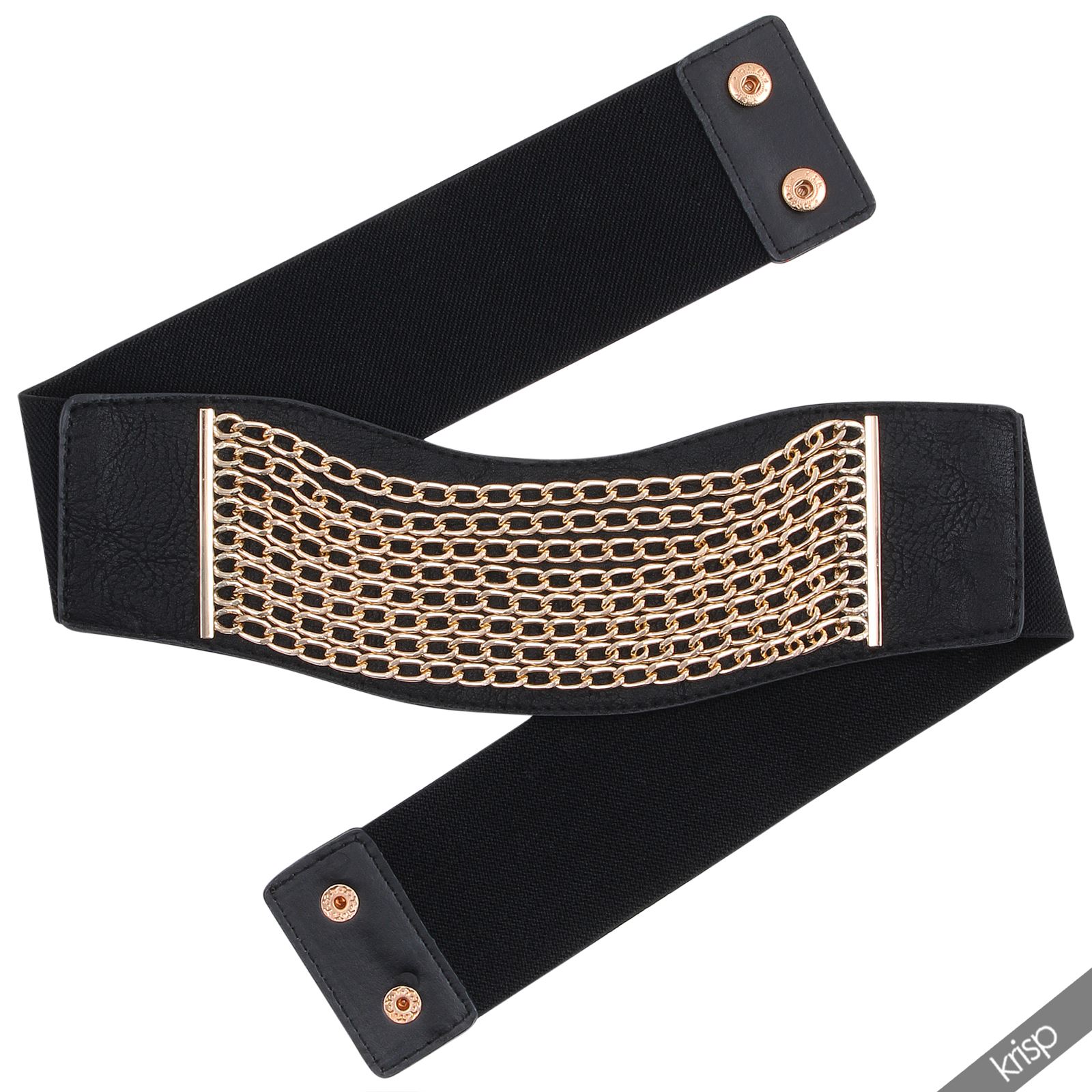 Wide Gold Multi Chain Stretch Leather Obi Belt Elastic Cincher Waist
