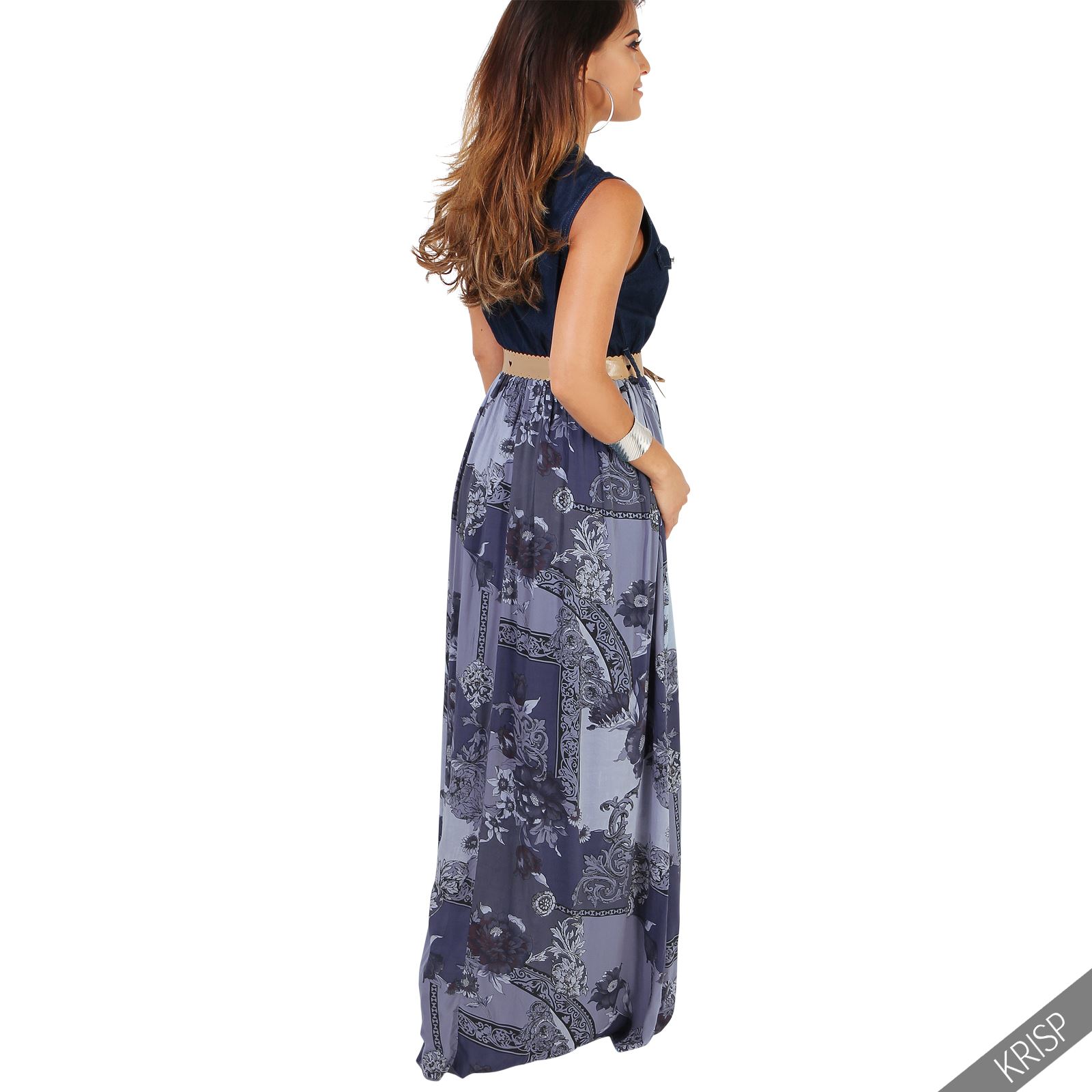 Womens Sleeveless Denim Retro Maxi Dress Long Skirt Buttoned Vest Top Summer