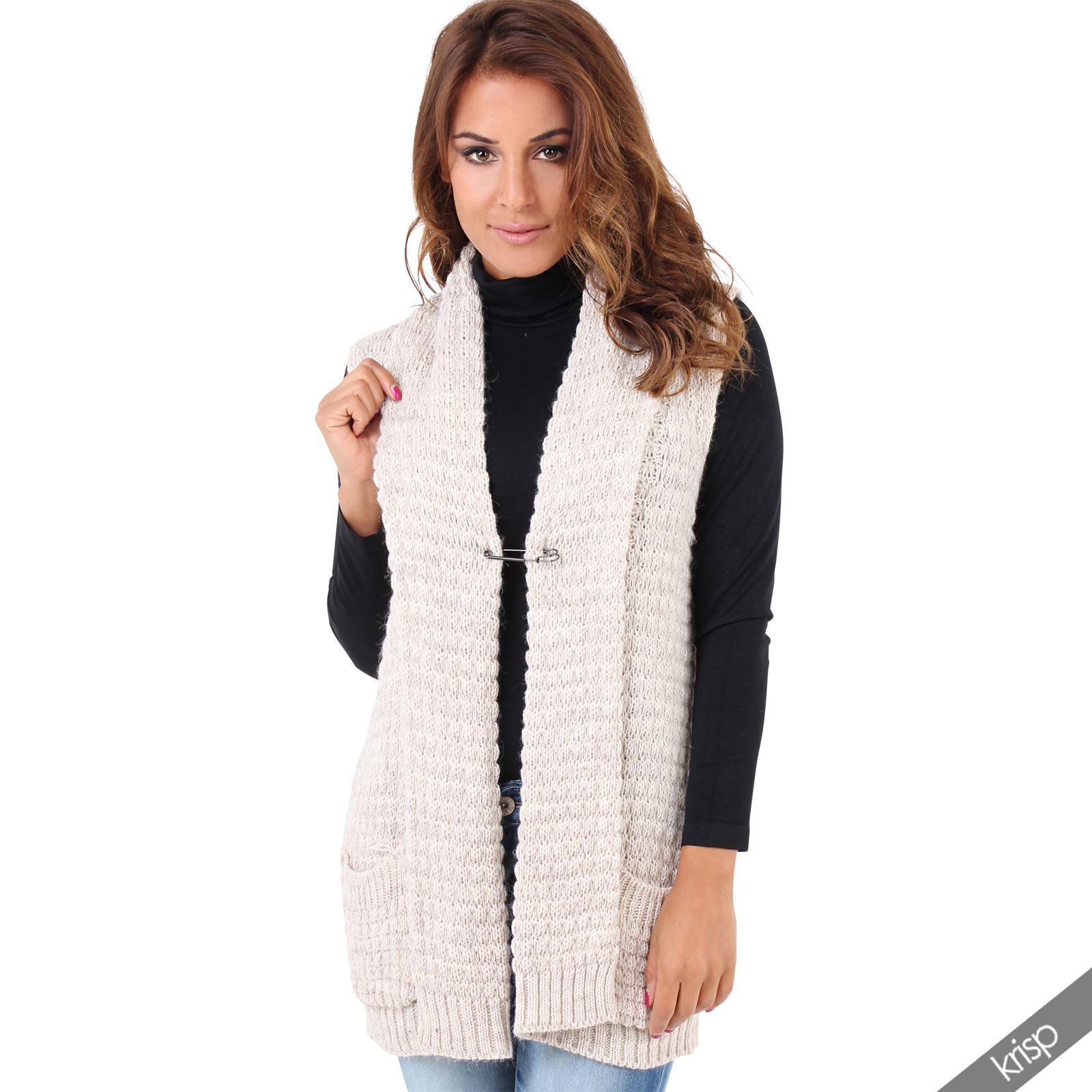 Womens Chunky Knit Sleeveless Open Cardigan Waistcoat Gilet Top Jumper