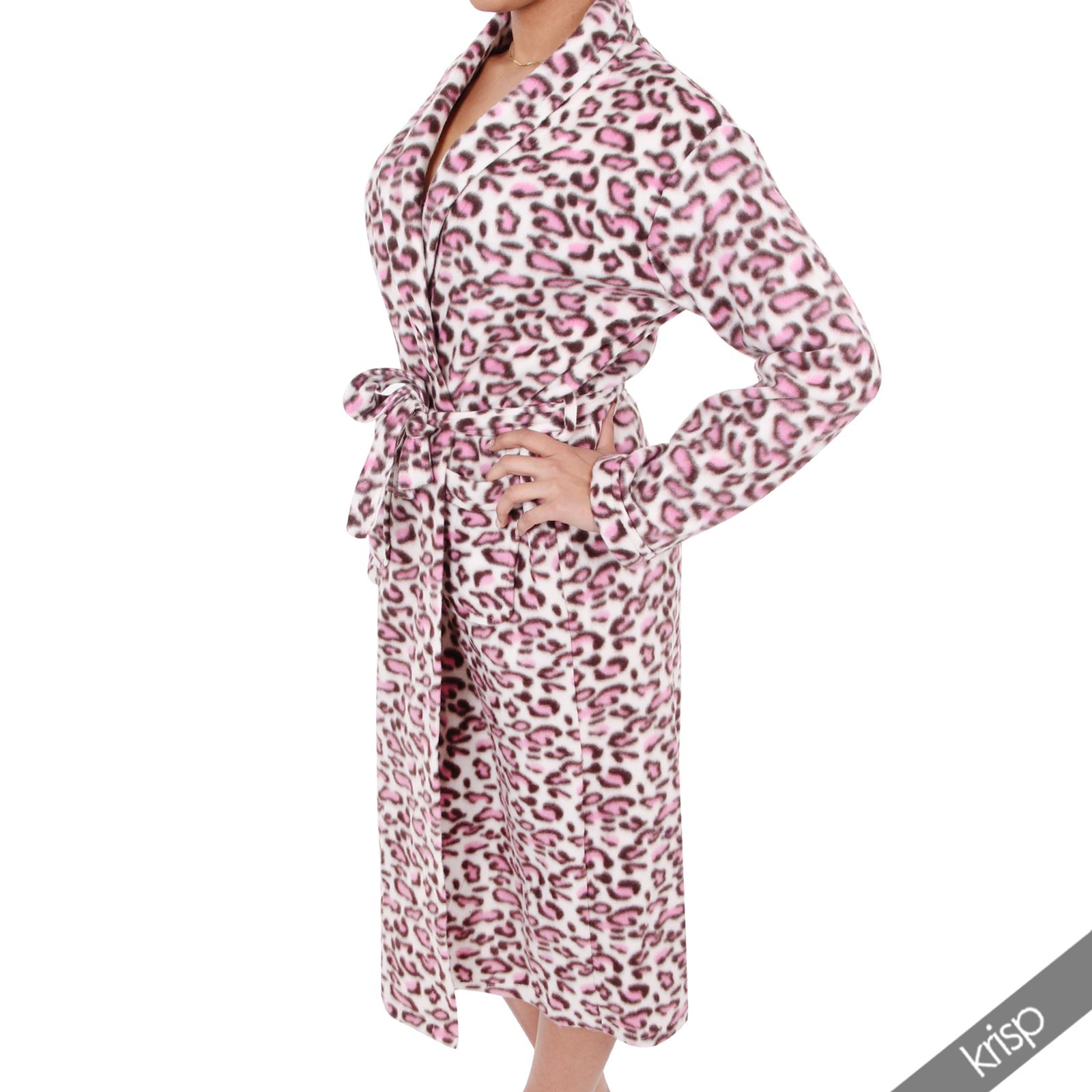 Womens Soft Fleece Leopard Print Robe Dressing Gown Housecoat Long Bathrobe