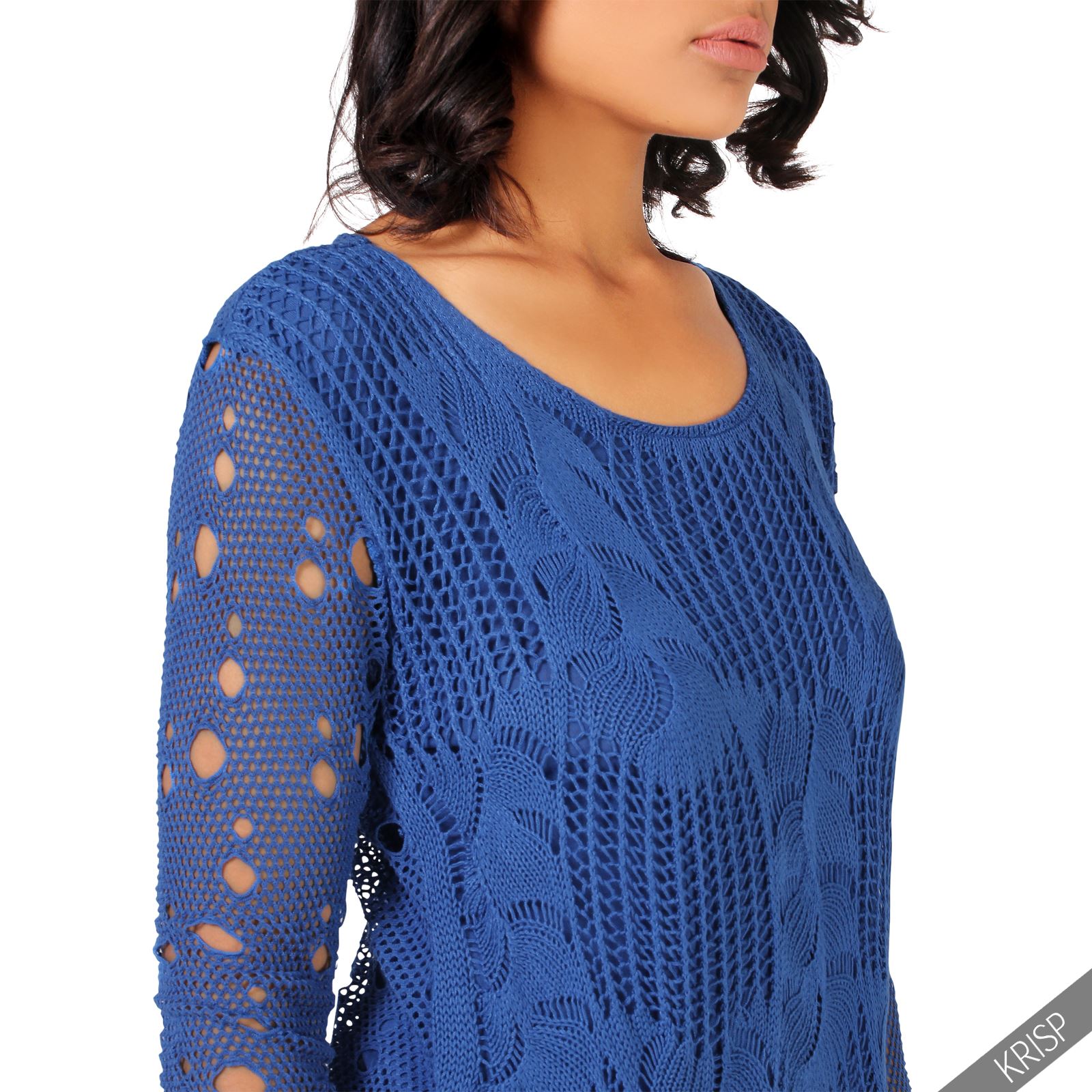 Womens Summer Retro Crochet Knit Casual Jumper Frilled Lace Hem Loose