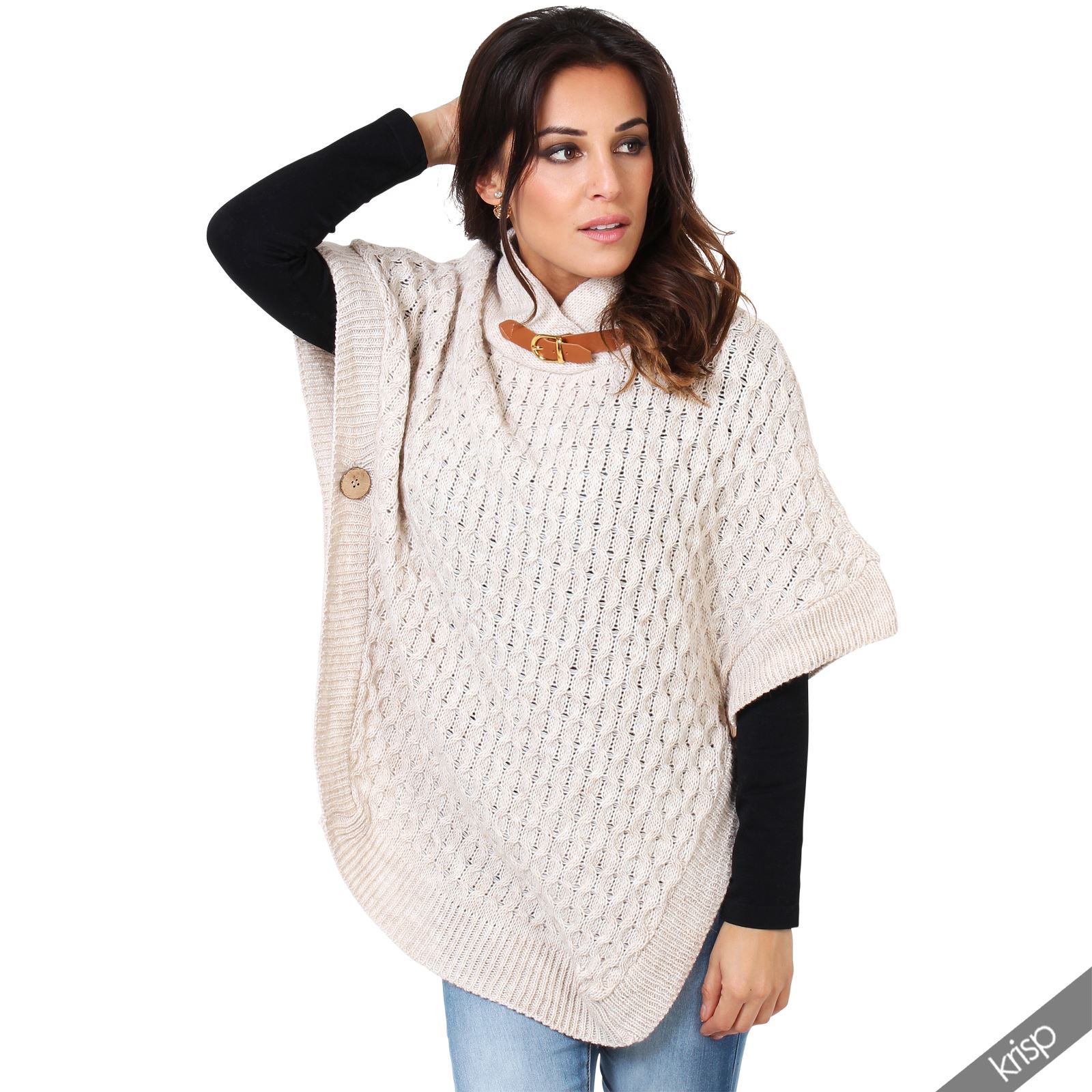 Women Retro Knit Turtle Funnel Buckle Neck Poncho Cape Sweater Jumper Jacket Top | eBay