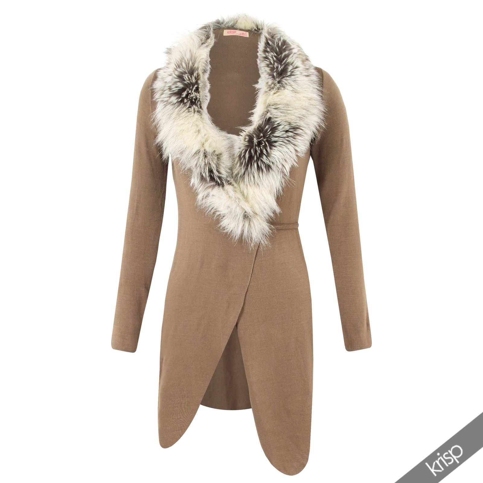 Womens Soft Knit Fur Collar Belted Long Cardigan Top Shrug Coat Sweater