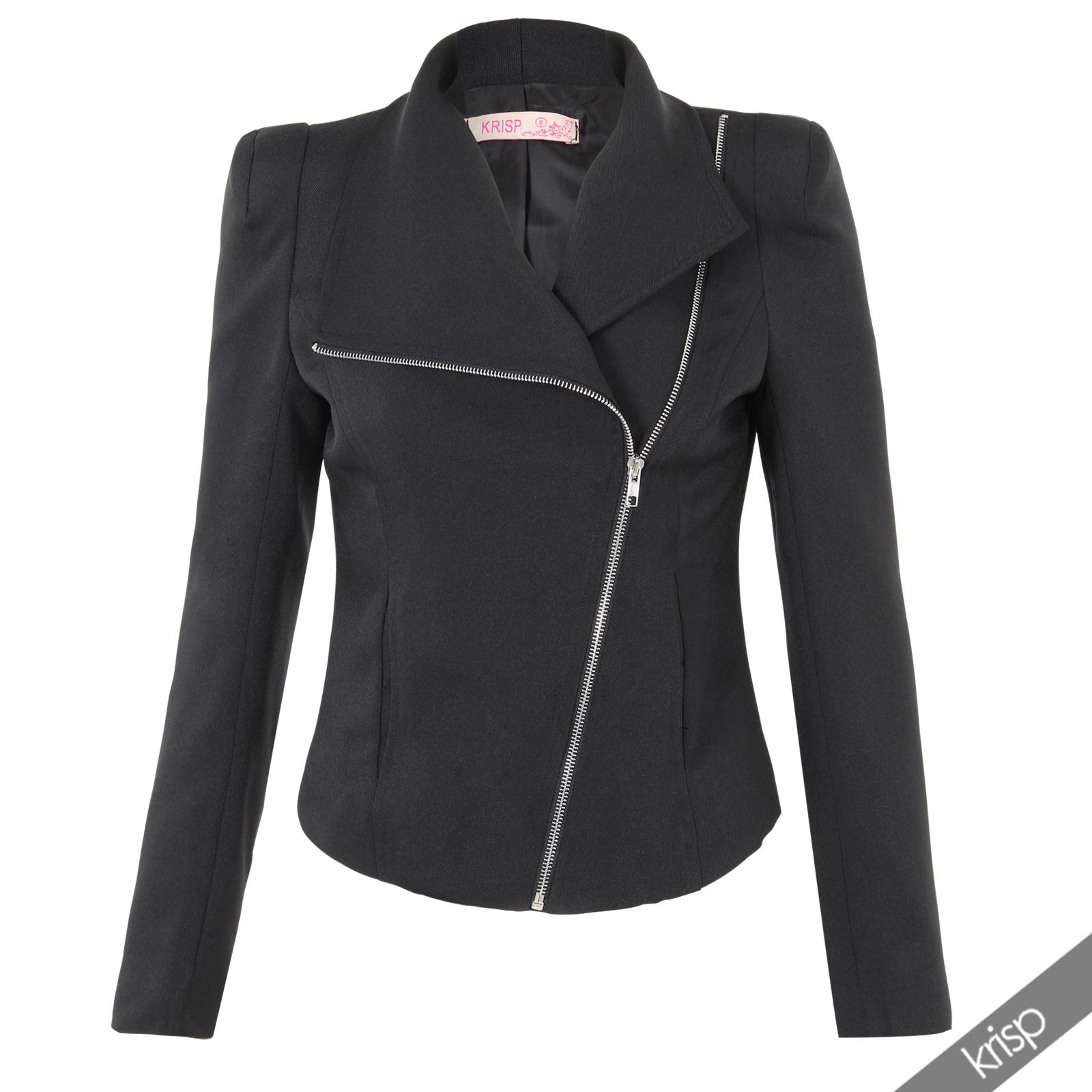 Women Ladies Tailored Asymmetric Zip Smart Cropped Blazer Fitted Top