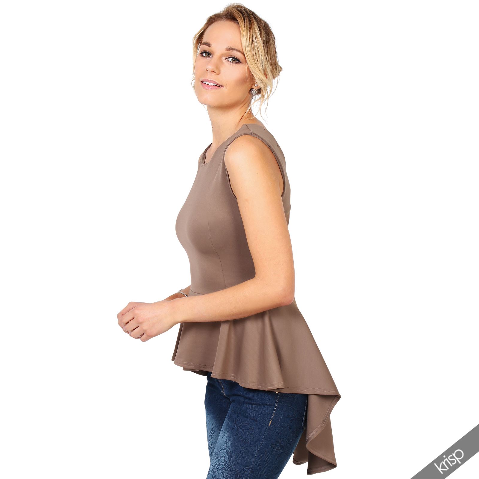 Womens Sleeveless High Low Stretch Frill Fishtail Ruffled Hem Peplum