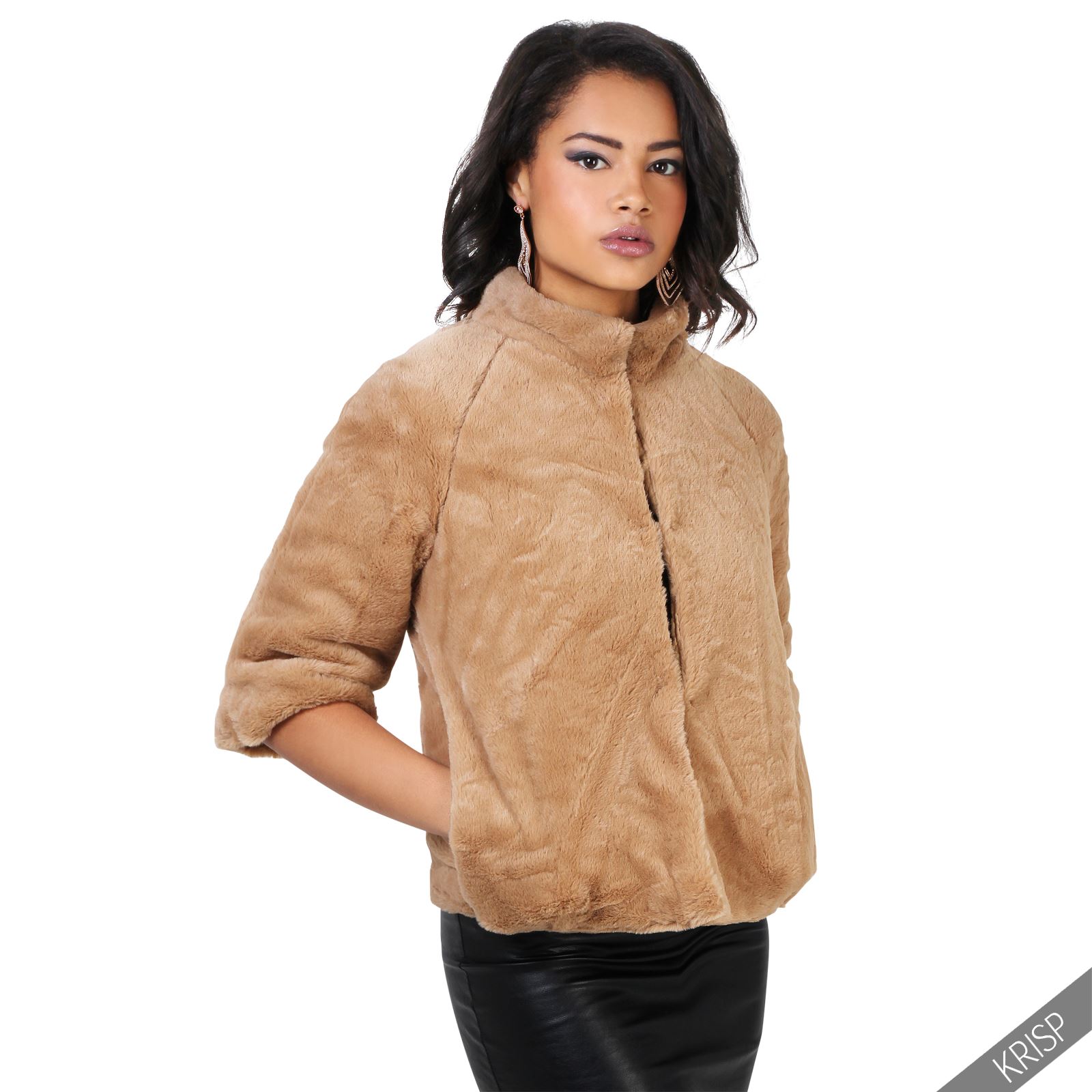 Womens 3/4 Sleeve Faux Fur Cape Shrug Crop Jacket Ladies Bolero Coat