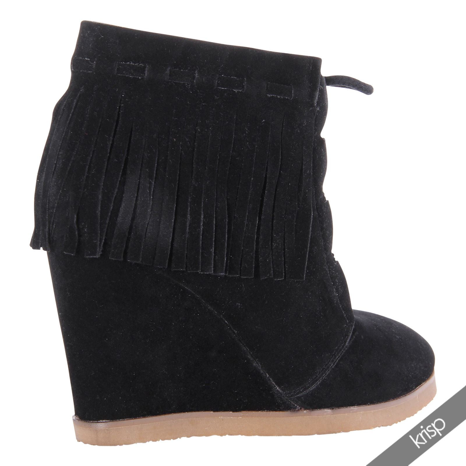 Womens Ladies Fringe Tassel Boho Lace Up Ankle Boots Wedge