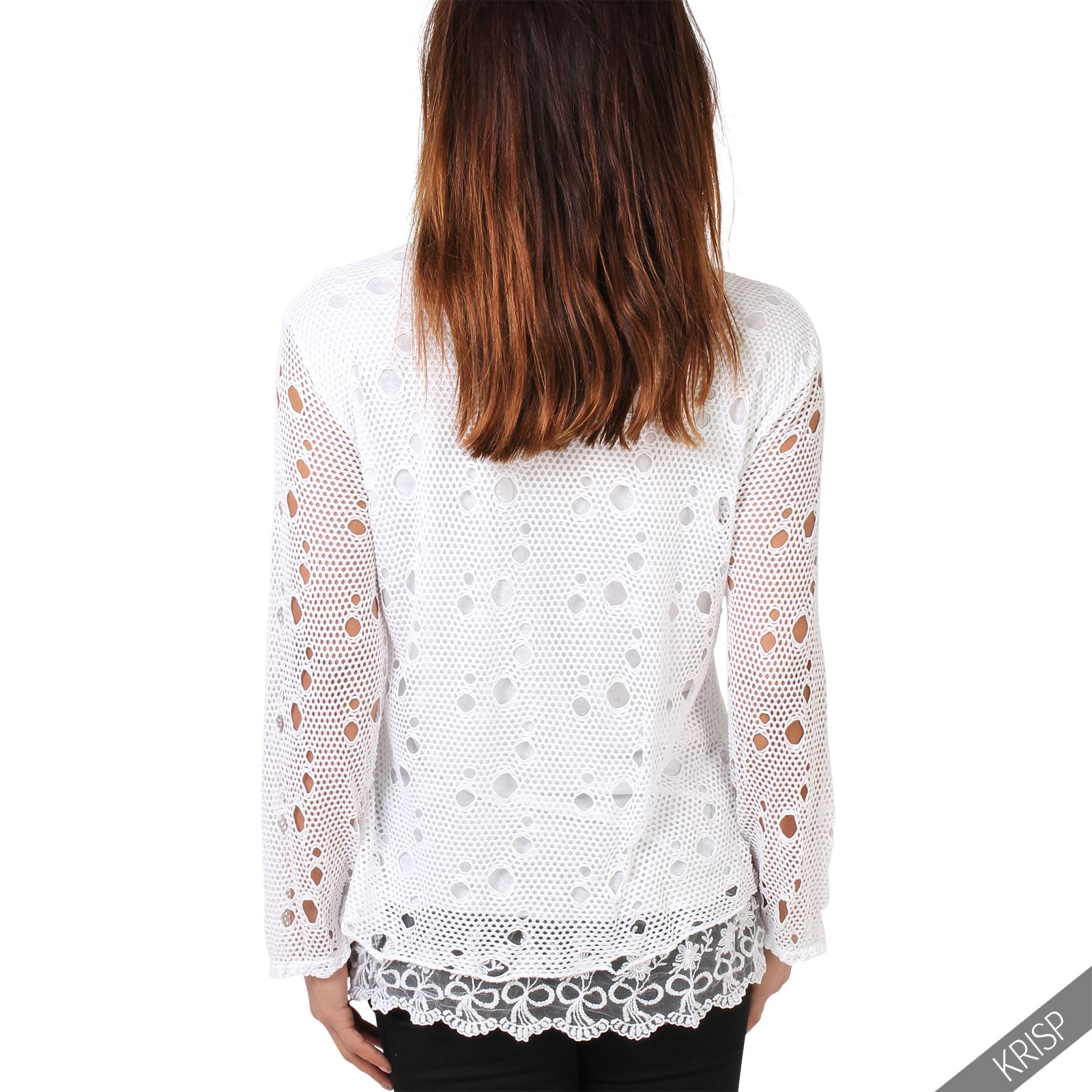 Womens Summer Retro Crochet Knit Casual Jumper Frilled Lace Hem Loose
