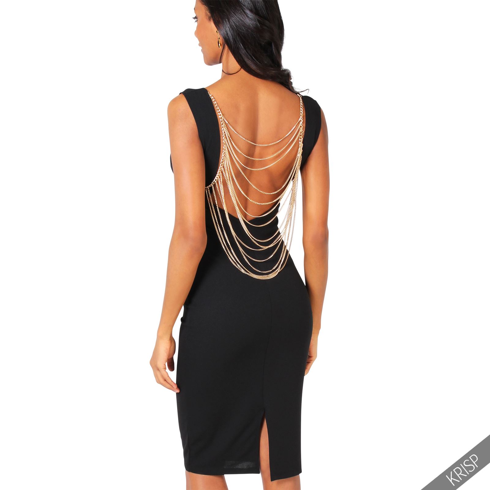 Womens Sexy Cowl Chain Backless Knee Long Stretch Bodycon Dress Party Cocktail