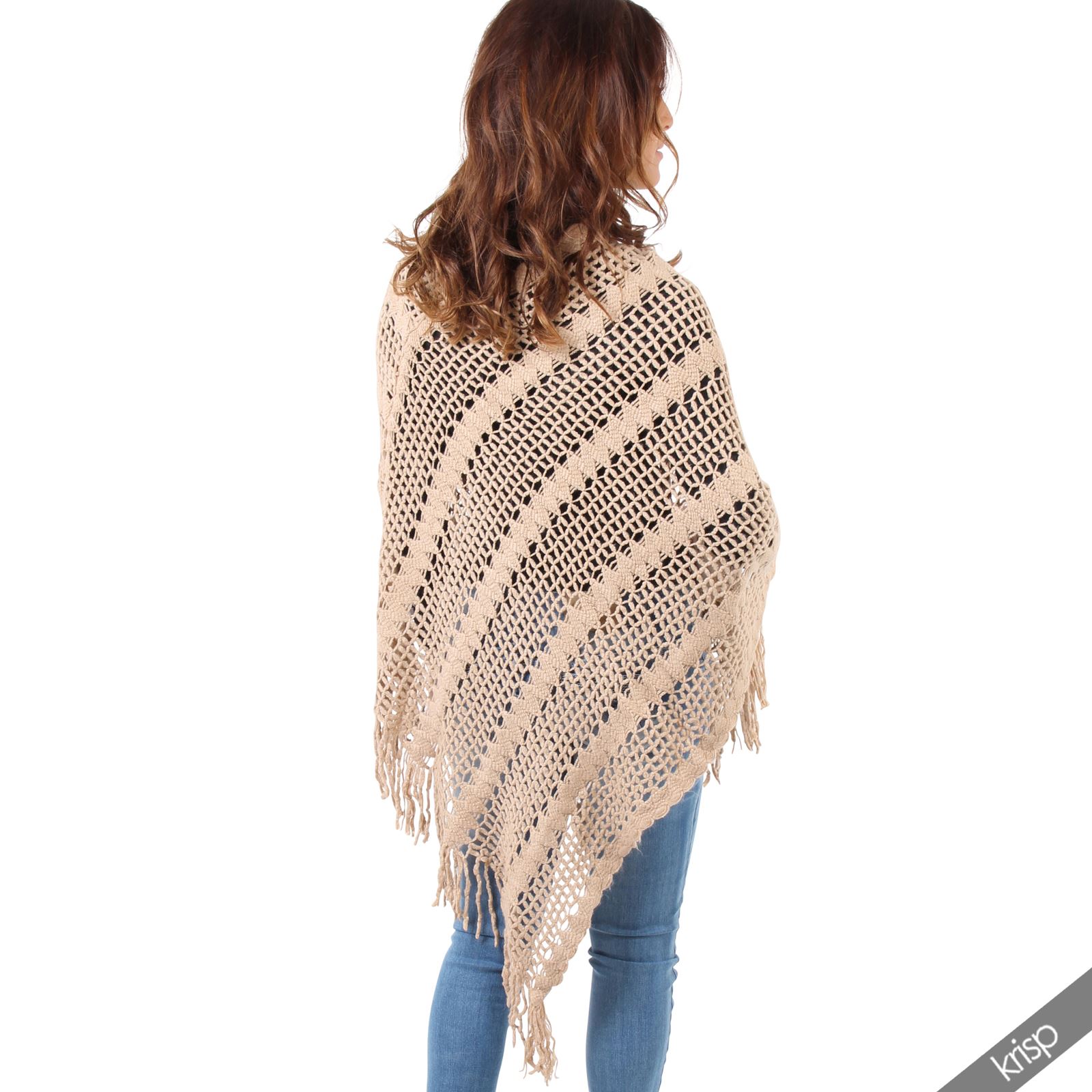 Womens Boho Knitted Fringe Tassel Poncho Cape Sweater Shrug Jumper Wrap