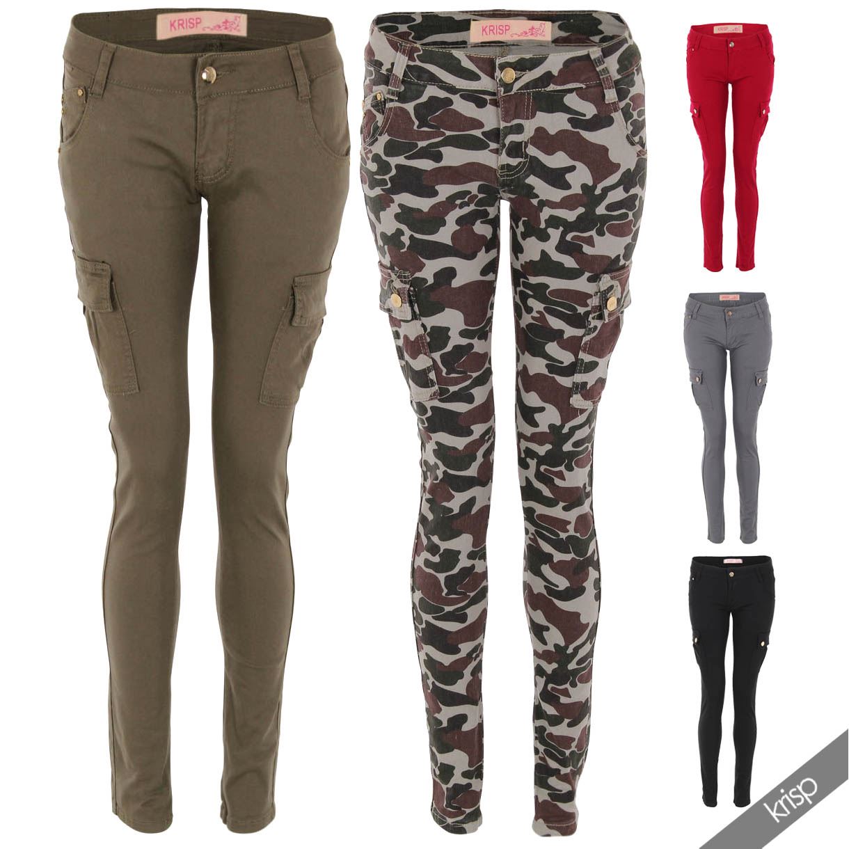 Womens Camouflage Military Cargo Combat Skinny Slim Stretch Jeans