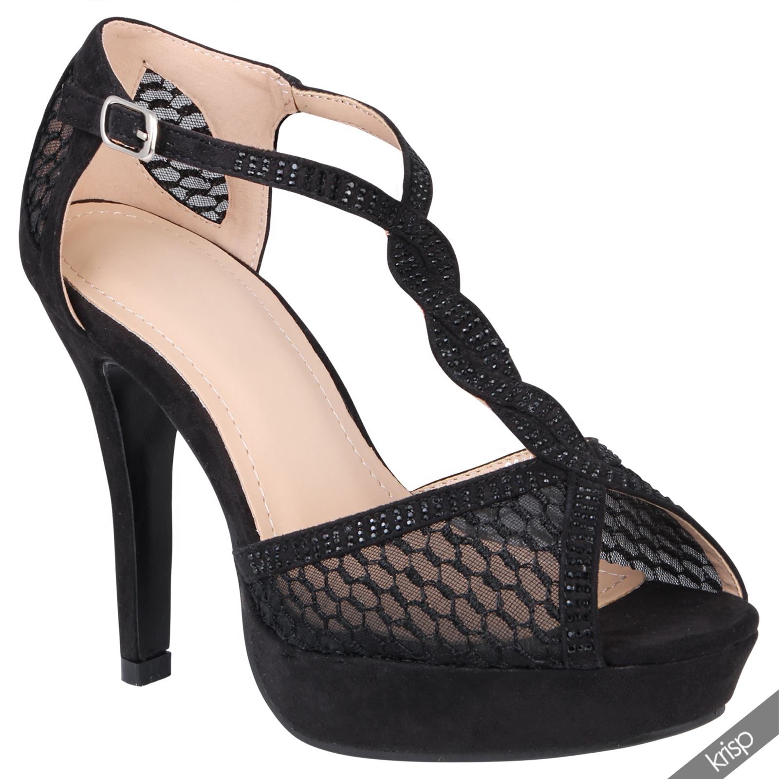 Womens Twisted Gem T Bar Mesh Open Peep Toe Platform Court High Heel Shoe | eBay