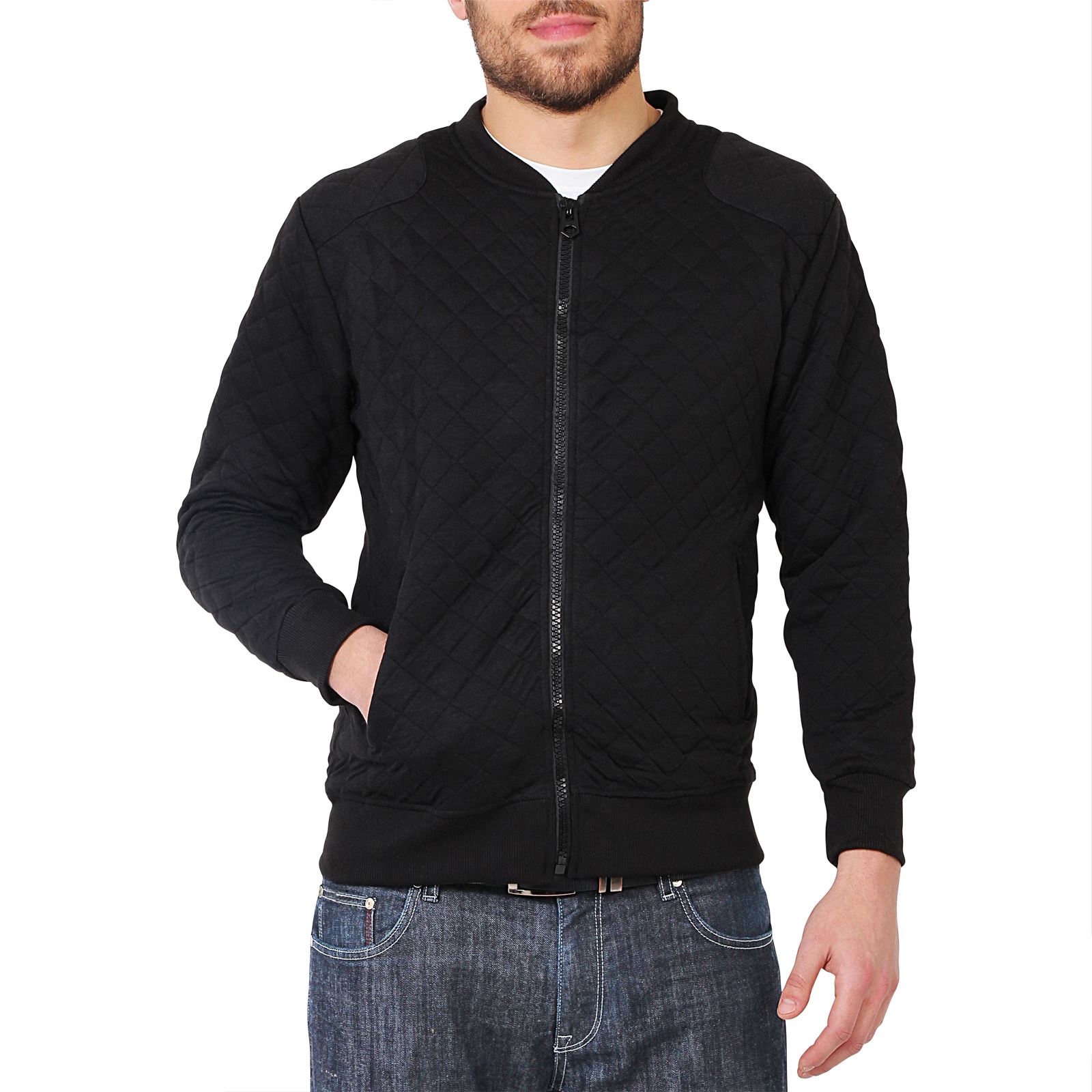 Mens Quilted Zip Up Classic Bomber Jacket Sweatshirt Top Biker Coat