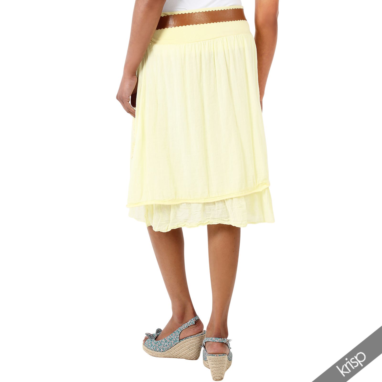 Womens Belted Gypsy Boho Midi Skirt Lace Frilled Layered Flared Summer