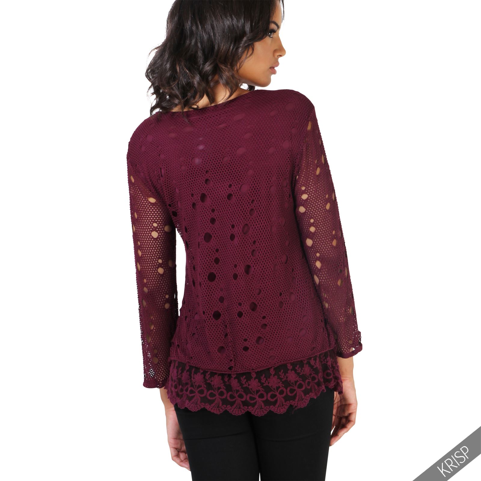 Womens Summer Retro Crochet Knit Casual Jumper Frilled Lace Hem Loose