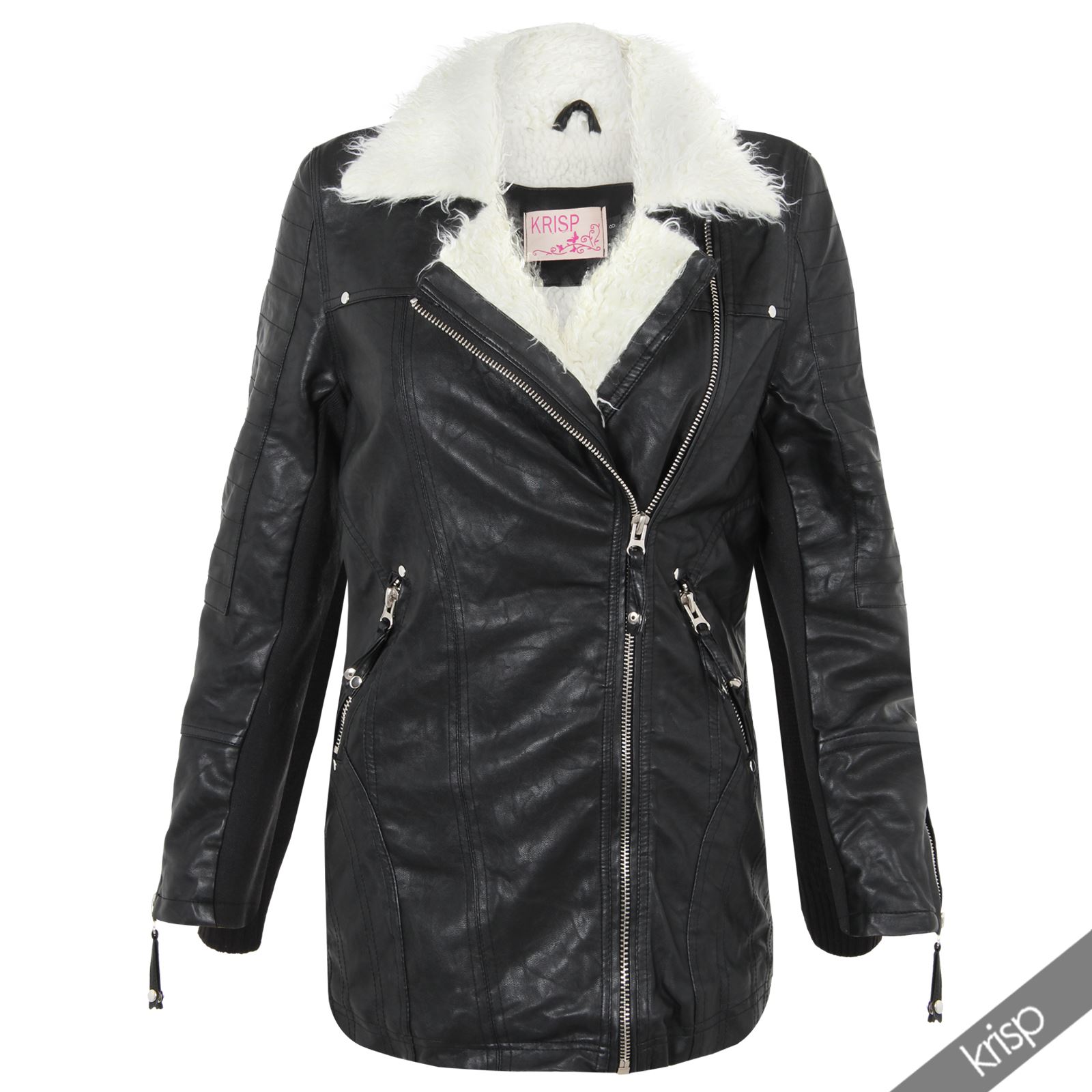 Womens Fur Lined Leather Asymmetric Zip Up Warm Long Biker Jacket