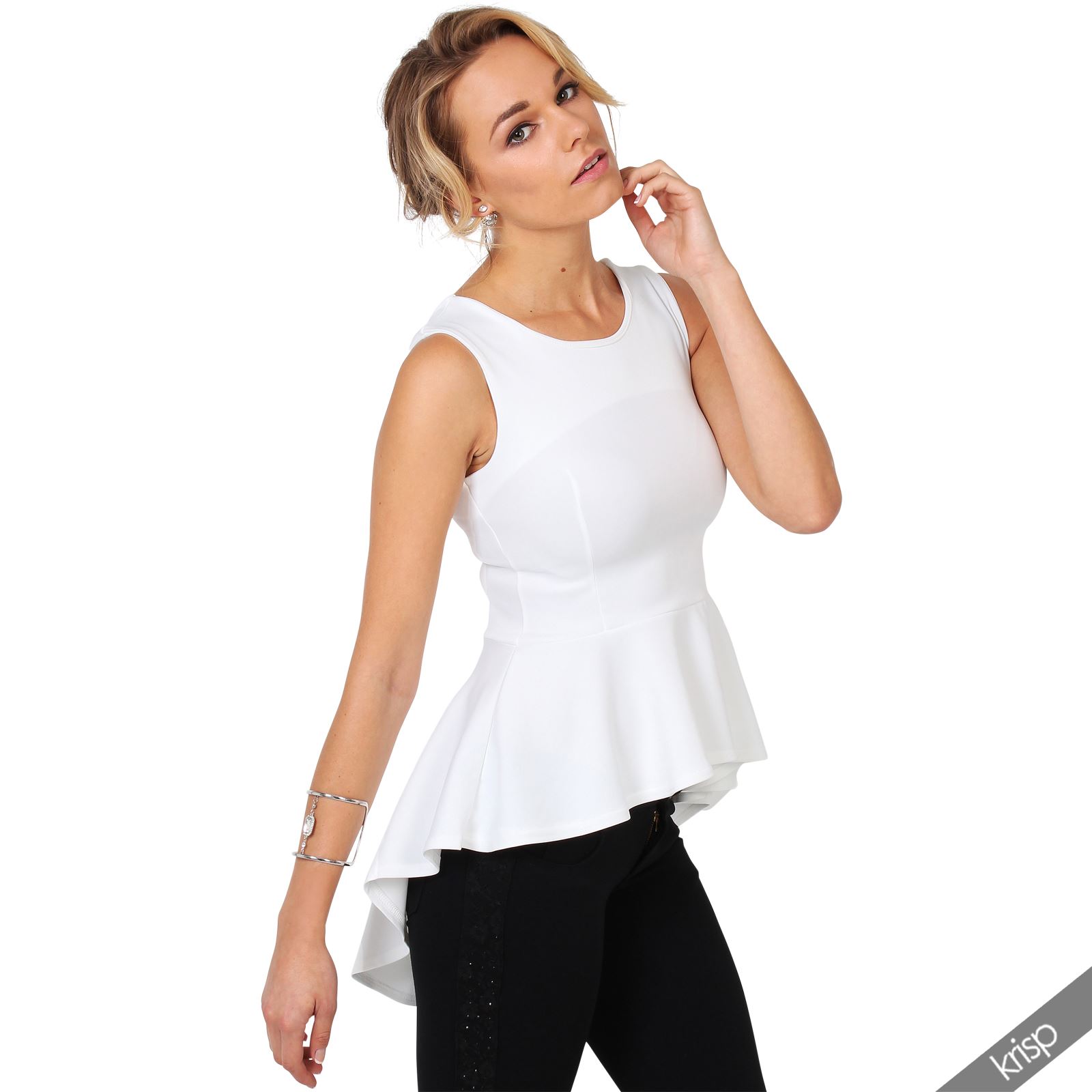 Womens Sleeveless High Low Stretch Frill Fishtail Ruffled Hem Peplum