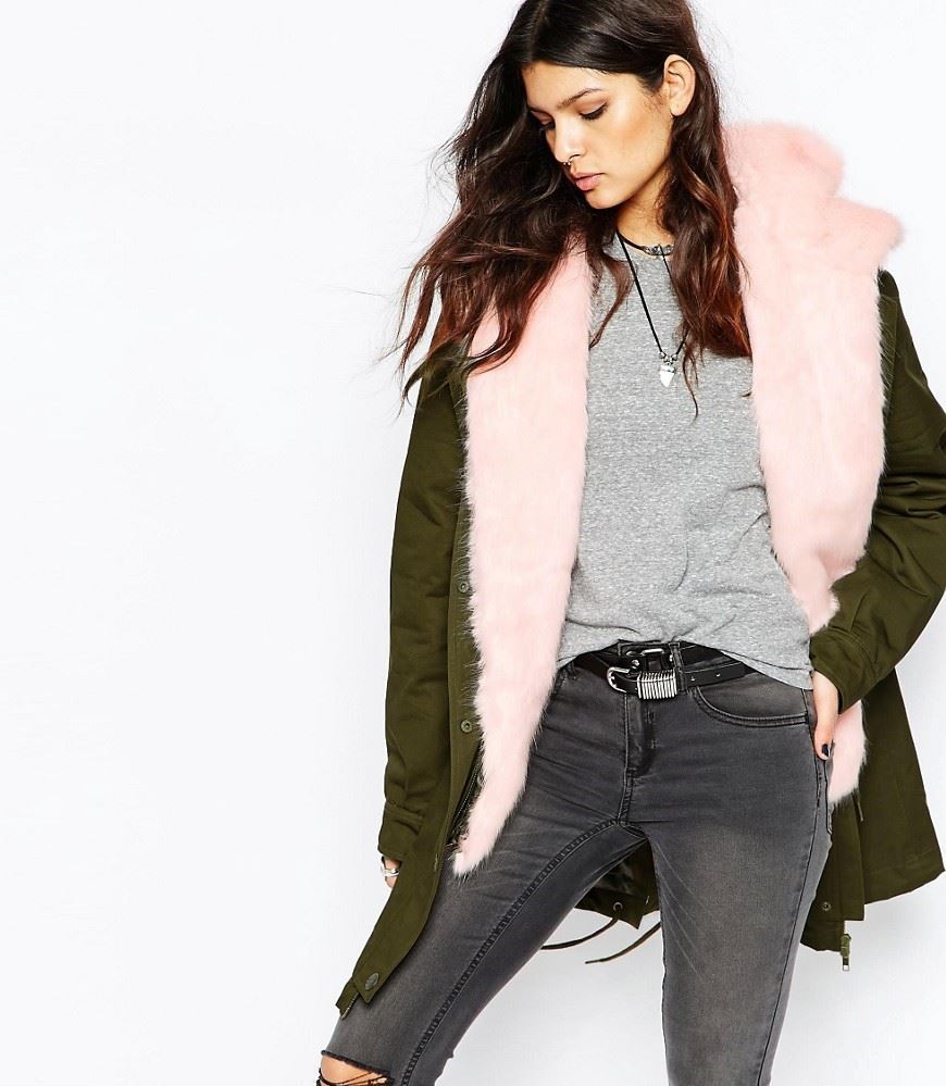 Ladies Khaki Parka Coat With Faux Fur Hood and Trim eBay