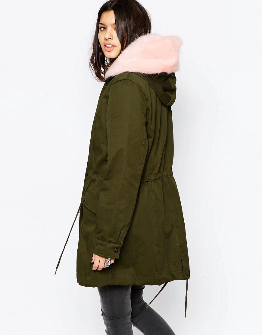 Ladies Khaki Parka Coat With Faux Fur Hood and Trim eBay