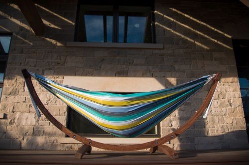Double Cotton Hammock with Solid Pine Arc Stand - Cayo Reef 8ft Double Cotton Hammock with Solid Pine Arc Stand - Cayo Reef 8ft