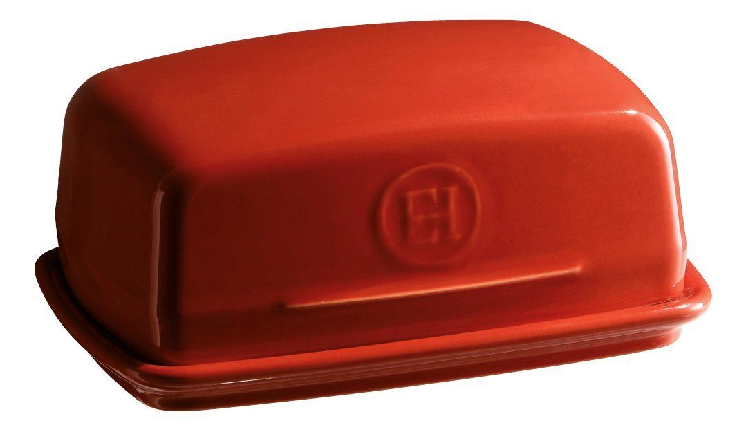Emile Henry Ceramic Butter Dish with Ridged Base in Red, Cream, White