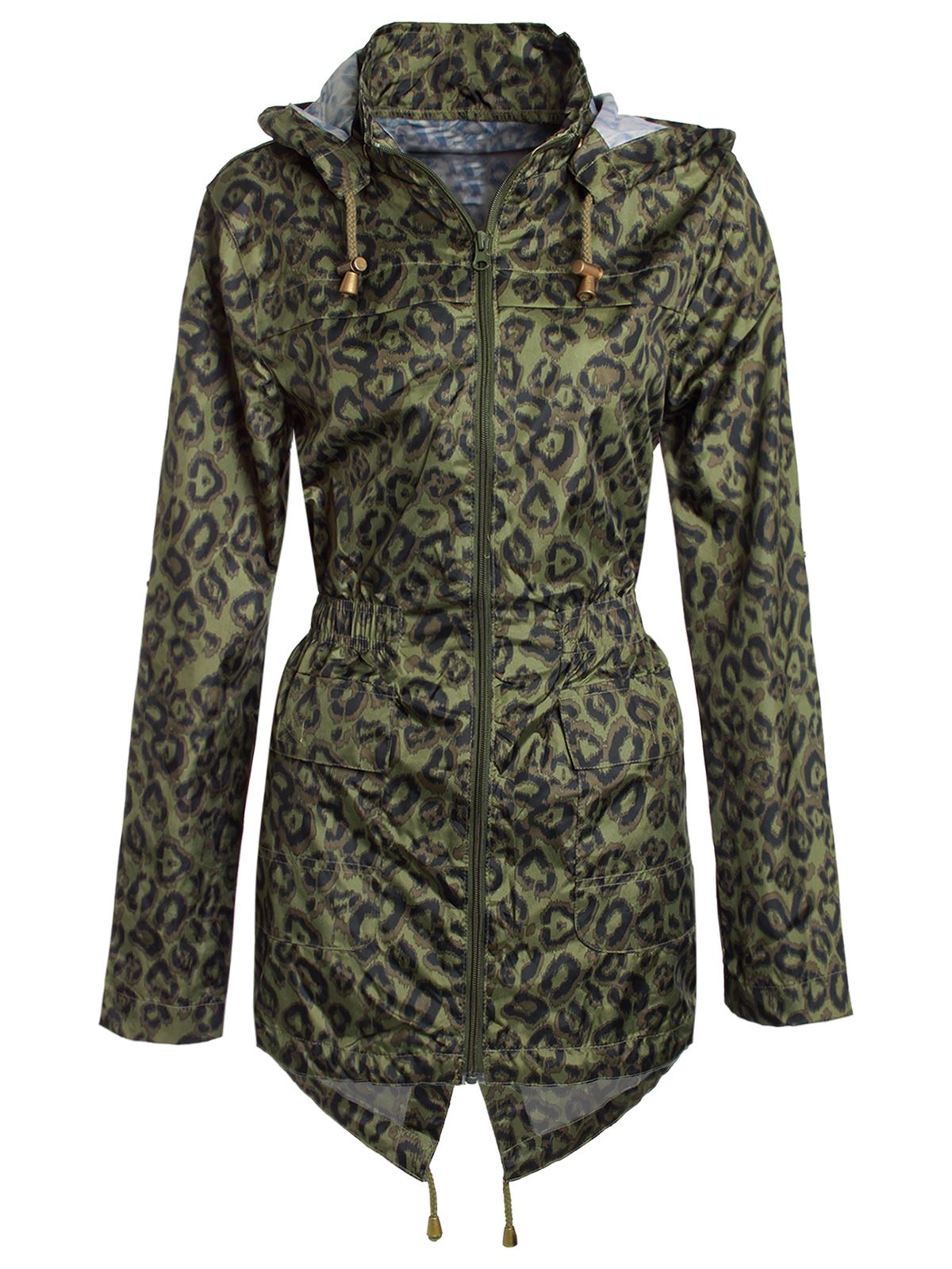 WOMENS LADIES HOODED RAIN MAC SHOWERPROOF FISHTAIL PARKA LEOPARD PRINT