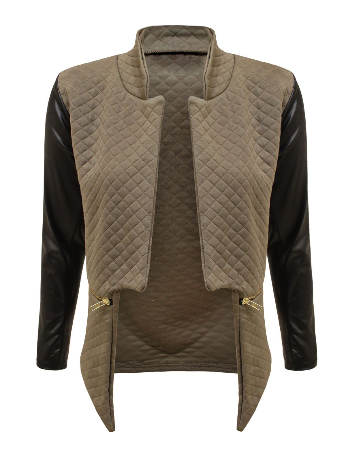 WOMENS LADIES QUILTED JACKET PVC LONG SLEEVE GOLD ZIP POCKETS BIKER