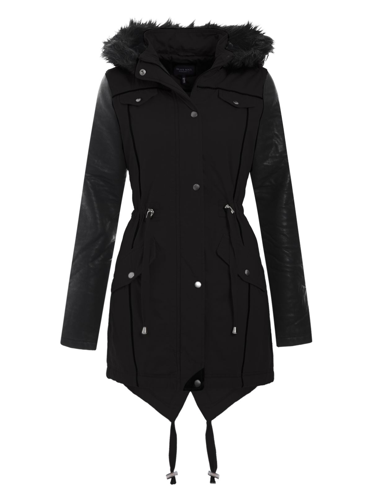 WOMENS PVC PU SLEEVE FISHTAIL FUR HOODED PARKA LADIES JACKET COAT 816