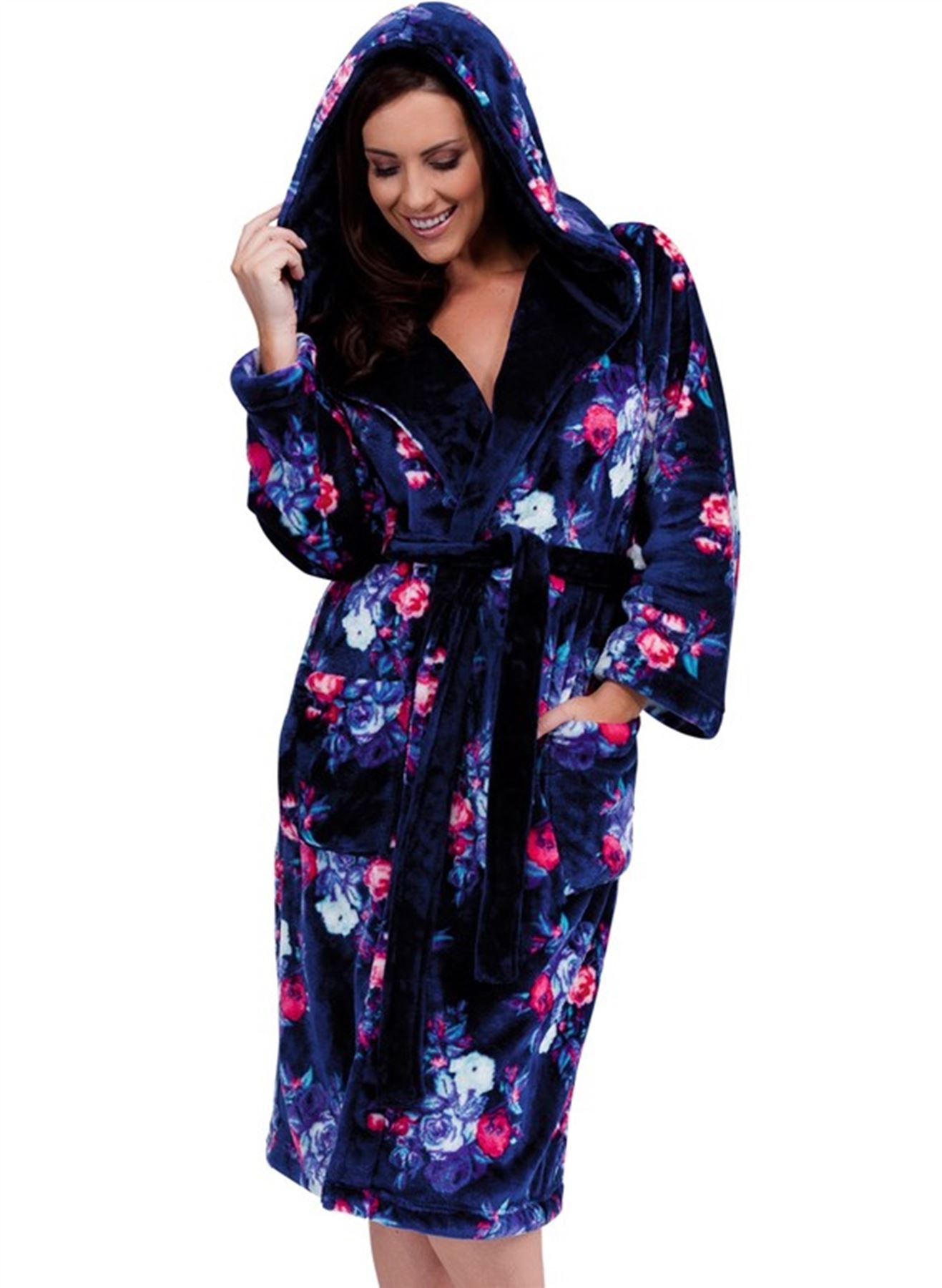 Ladies Lady Olga Soft Coral Fleece Floral Print Hooded Dressing Gown