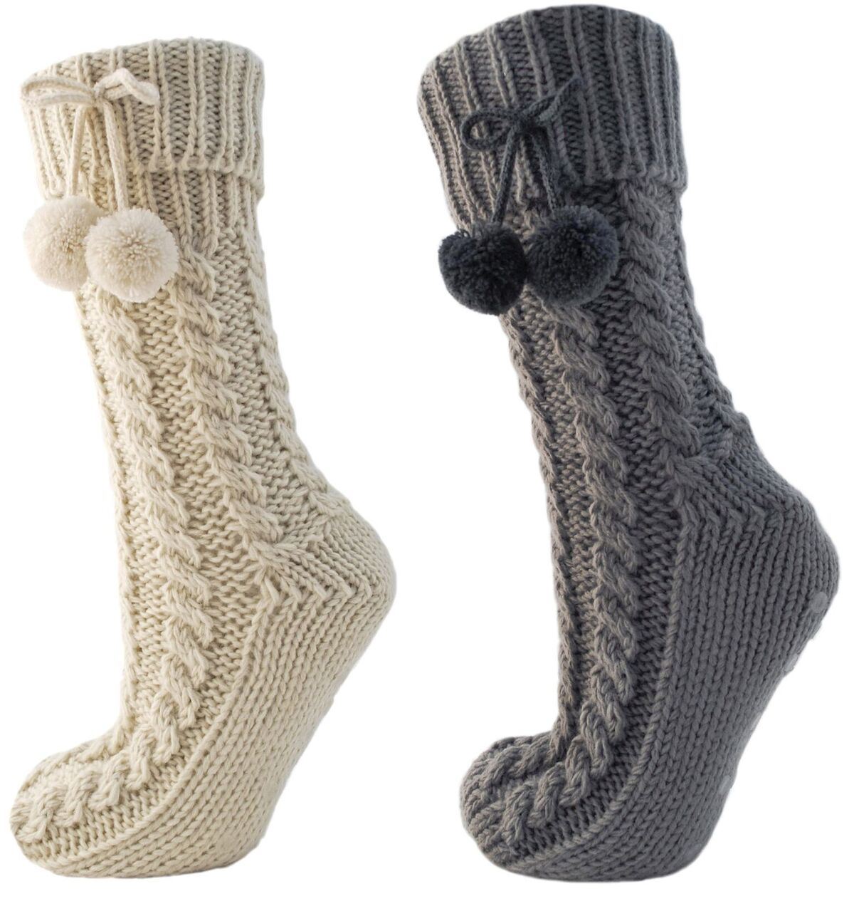 Womens Sherpa Fur Lined Cable Knit Non Slip Slipper Bootie Sock & Pom