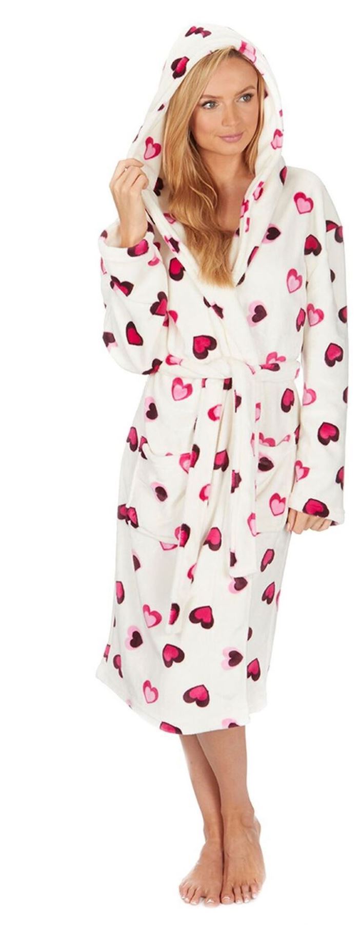 Womens Super Soft Fleece Hooded Love Heart Print Dressing Gown Robe