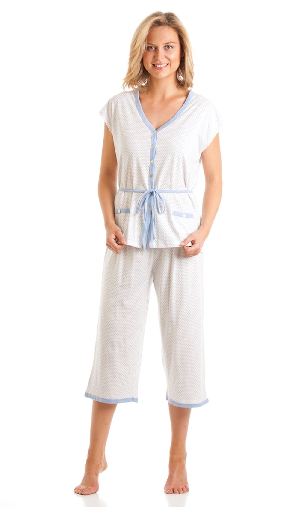 Ladies La Marquise Ditsy Dot Short Sleeve Button Through Crop Leg