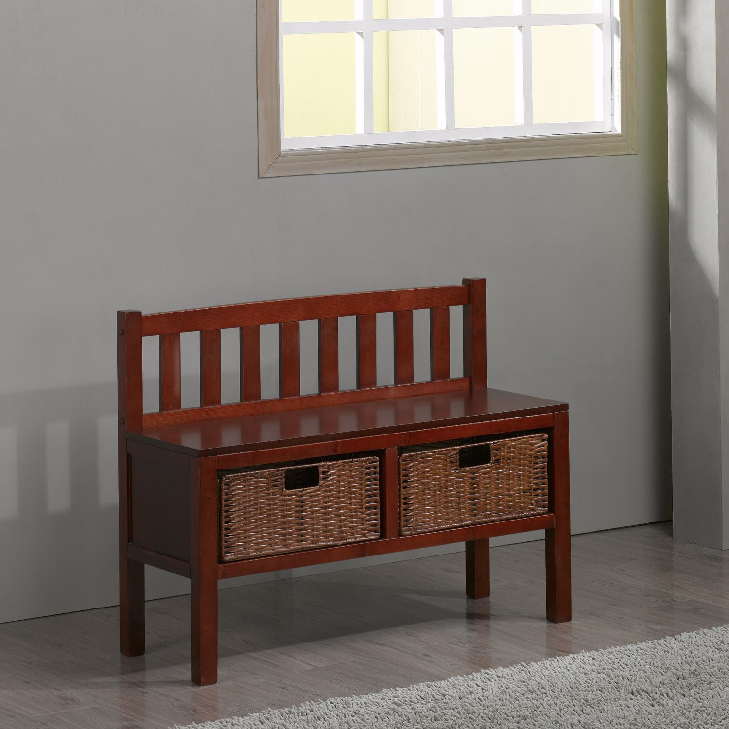 STYLISH DESIGN WOODEN STORAGE BENCH WITH 2 WICKER BASKETS DRAWERS