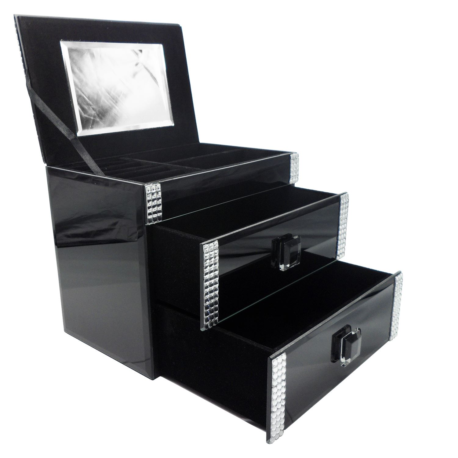 BLACK GLASS MIRROR JEWELLERY BOXES GIFT BOX HINGED LID DRAWER BLING