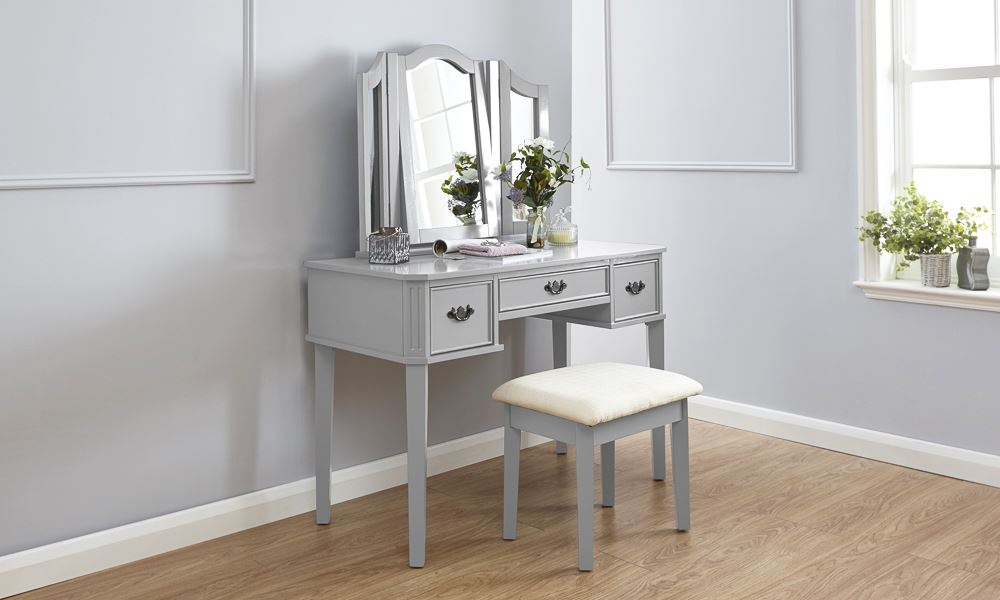BELLA DRESSING TABLE SET MAKEUP VANITY DESK W/ STOOL & 3 MIRRORS GREY