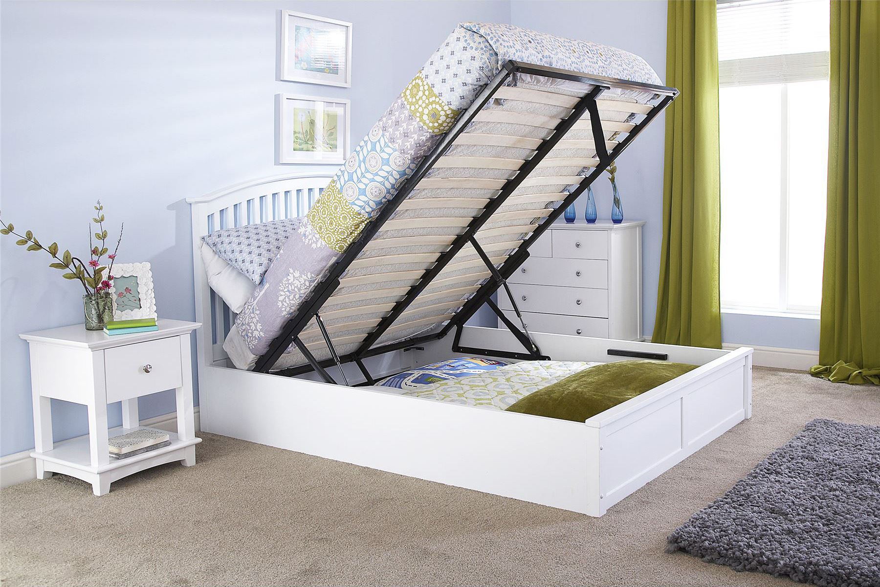 MADRID WOODEN OTTOMAN BED GAS LIFT UP STORAGE 4FT6 5FT CURVED STYLE OAK