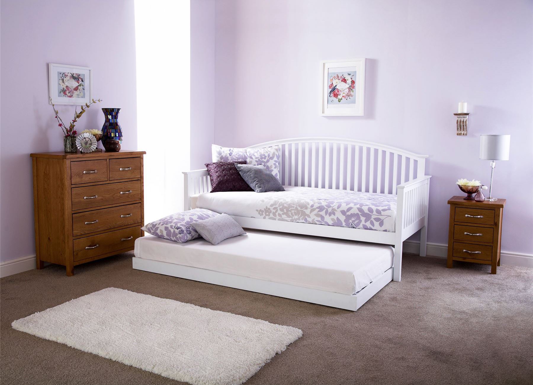 MADRID WOODEN 3FT SINGLE DAY BED FRAME & TRUNDLE GUEST BEDSTEAD OAK