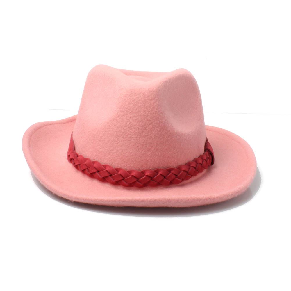 Women's Pastel Pink Wool Fedora Hat with Woven Faux Leather Band