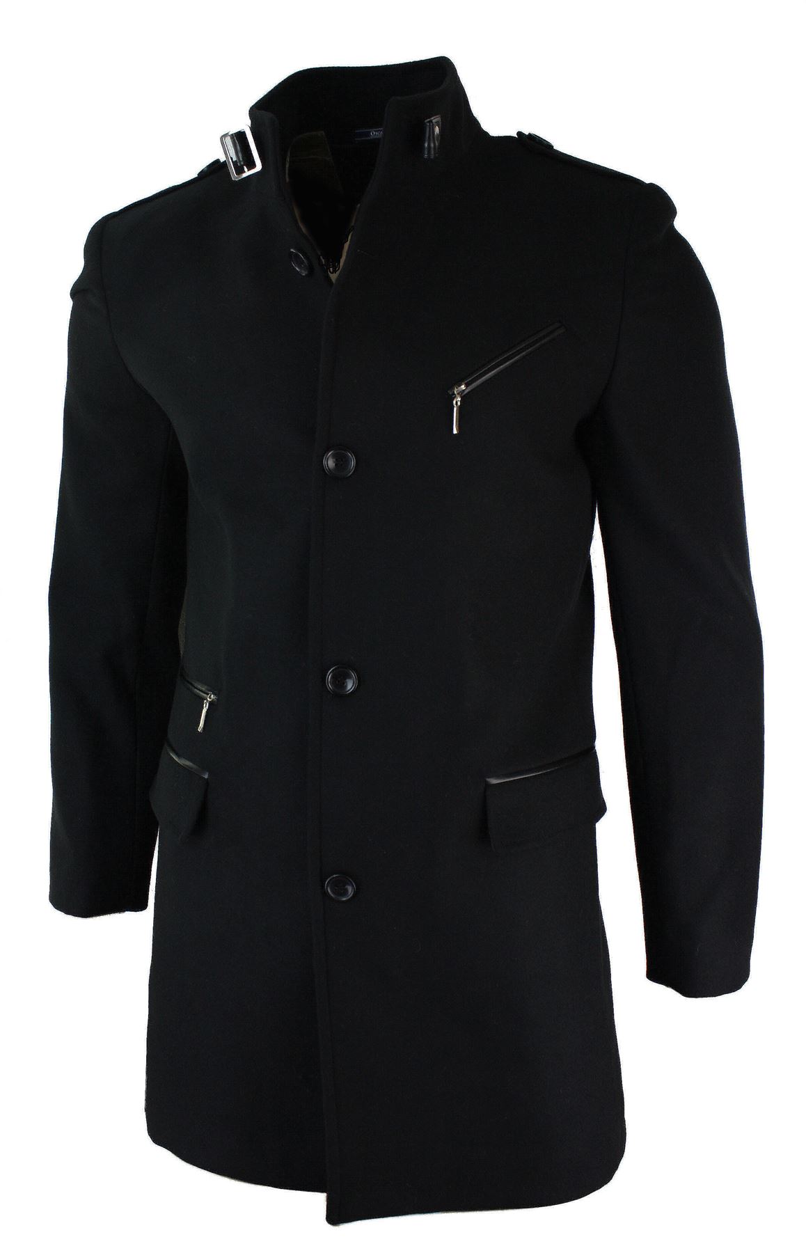 Mens Slim Fit Wool 3/4 Overcoat Jacket Military Style High Nehru Collar