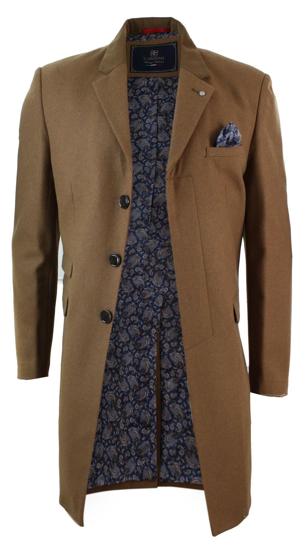 Mens Winter Over Coat Black Tan Brown 3/4 Trench Crombie Herringbone