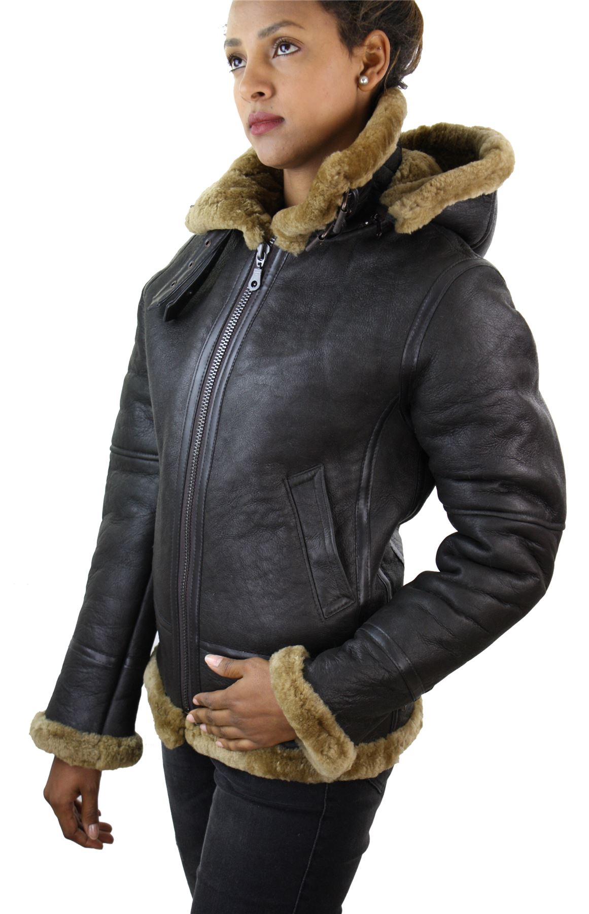 Ladies Aviator New Ginger Women's Hooded Real Shearling Sheepskin