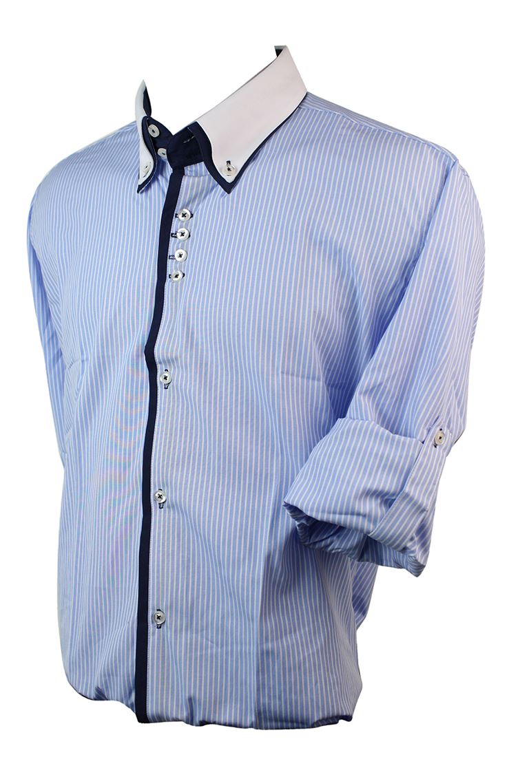 Mens Slim Fit Double Button Collar Shirt Stripe Cotton Purple Blue Red White Gre eBay