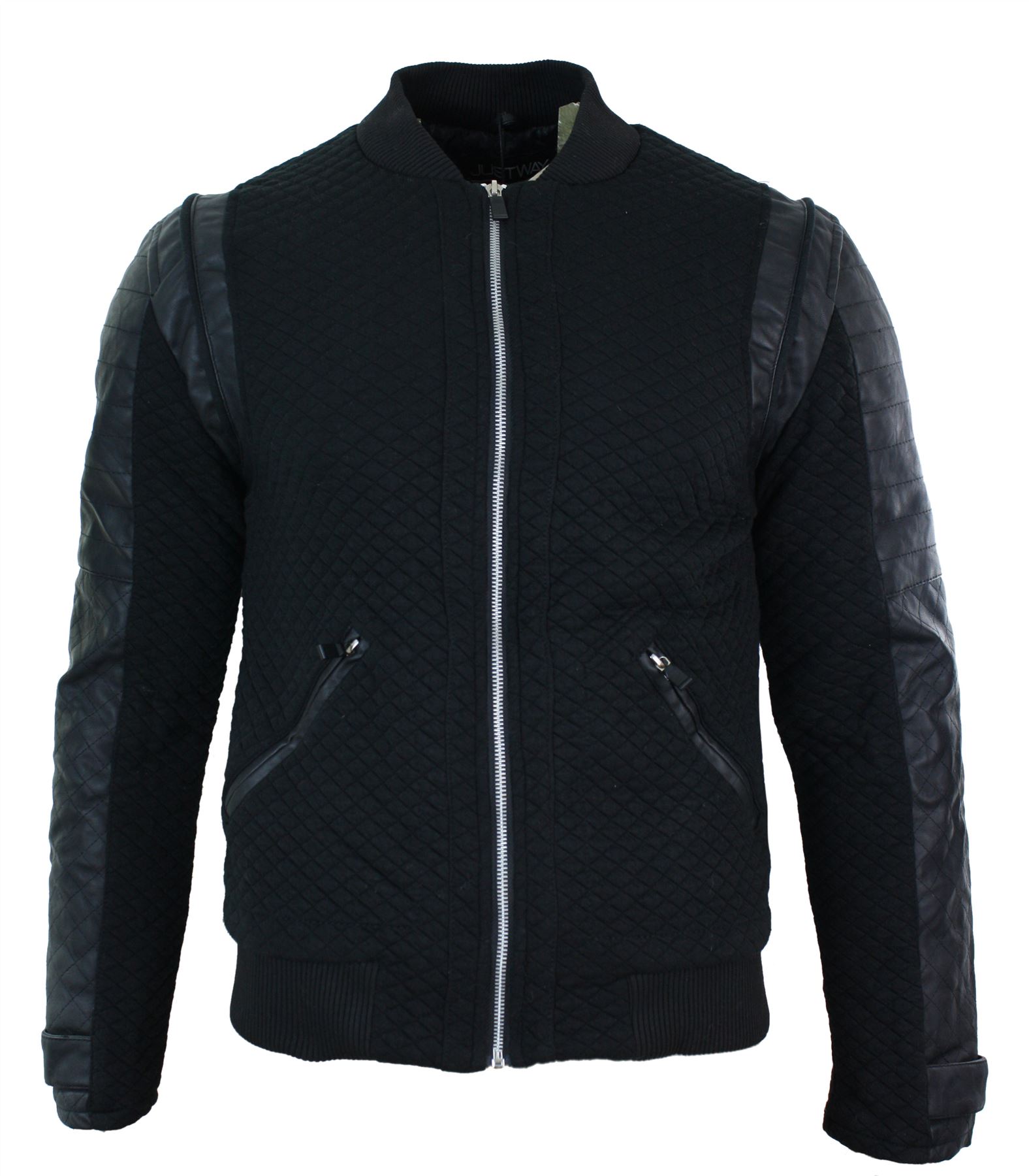 Mens Slim Fit Quilted Baseball Bomber Jacket PU Leather Sleeves Retro