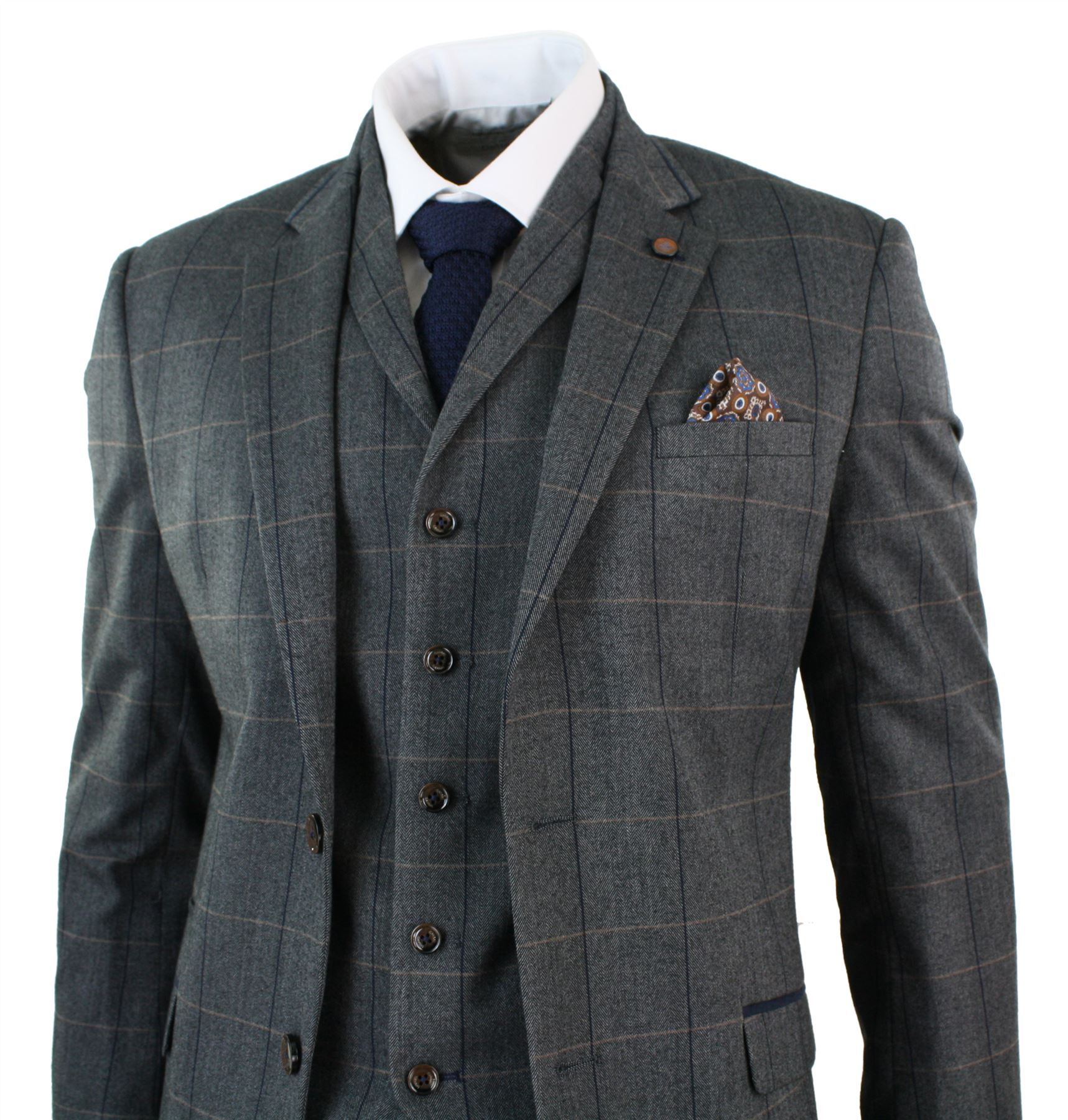 Mens 3 Piece Grey Blue Check Tweed Herringbone Vintage Slim Fit Suit