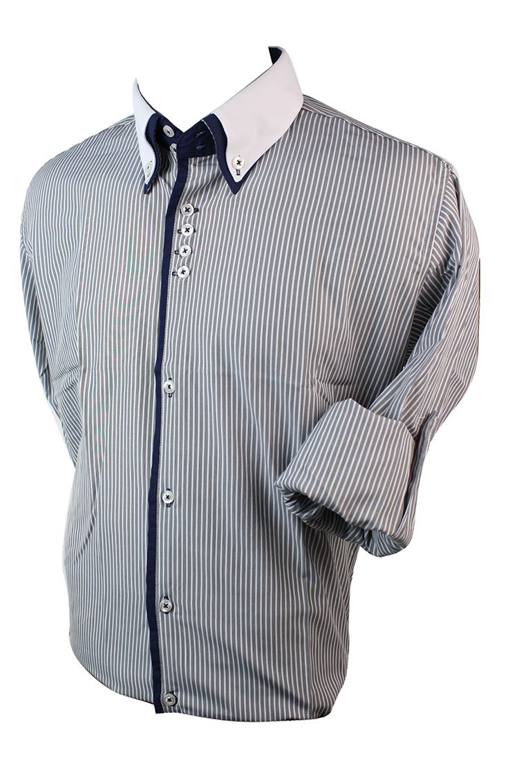 Mens Slim Fit Double Button Collar Shirt Stripe Cotton Purple Blue Red White Gre eBay