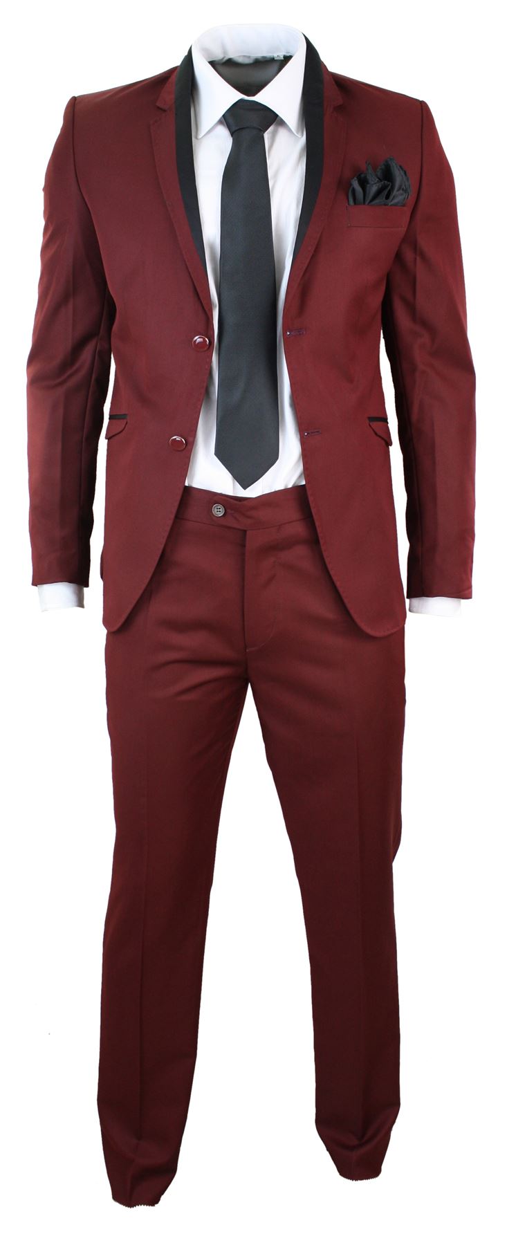 Mens Maroon Burgundy Skinny Fit Suit Black Trim Trouser & Blazer