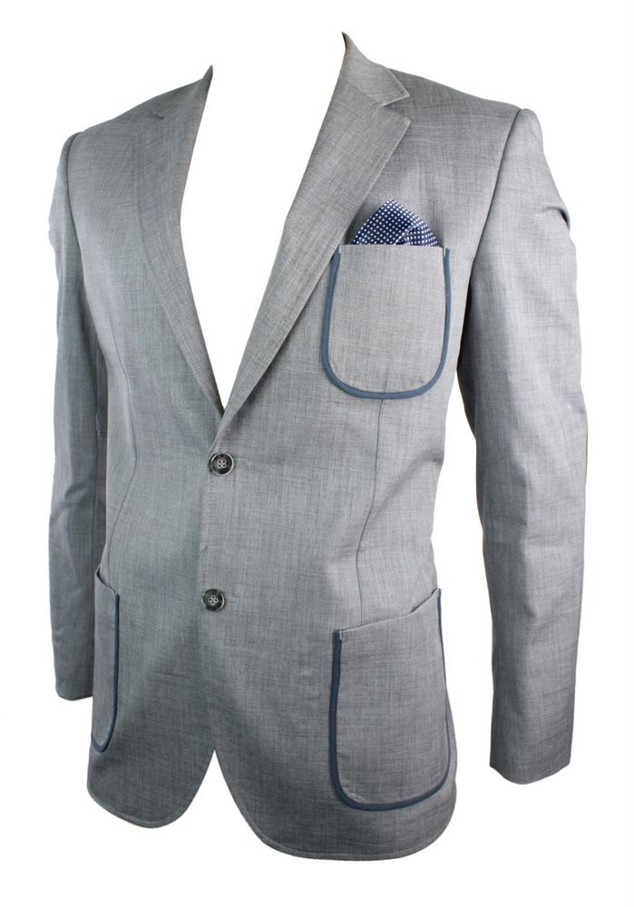 Mens Tailored Blazer Jacket Grey Blue Trim Pocket Design Brown Elbow