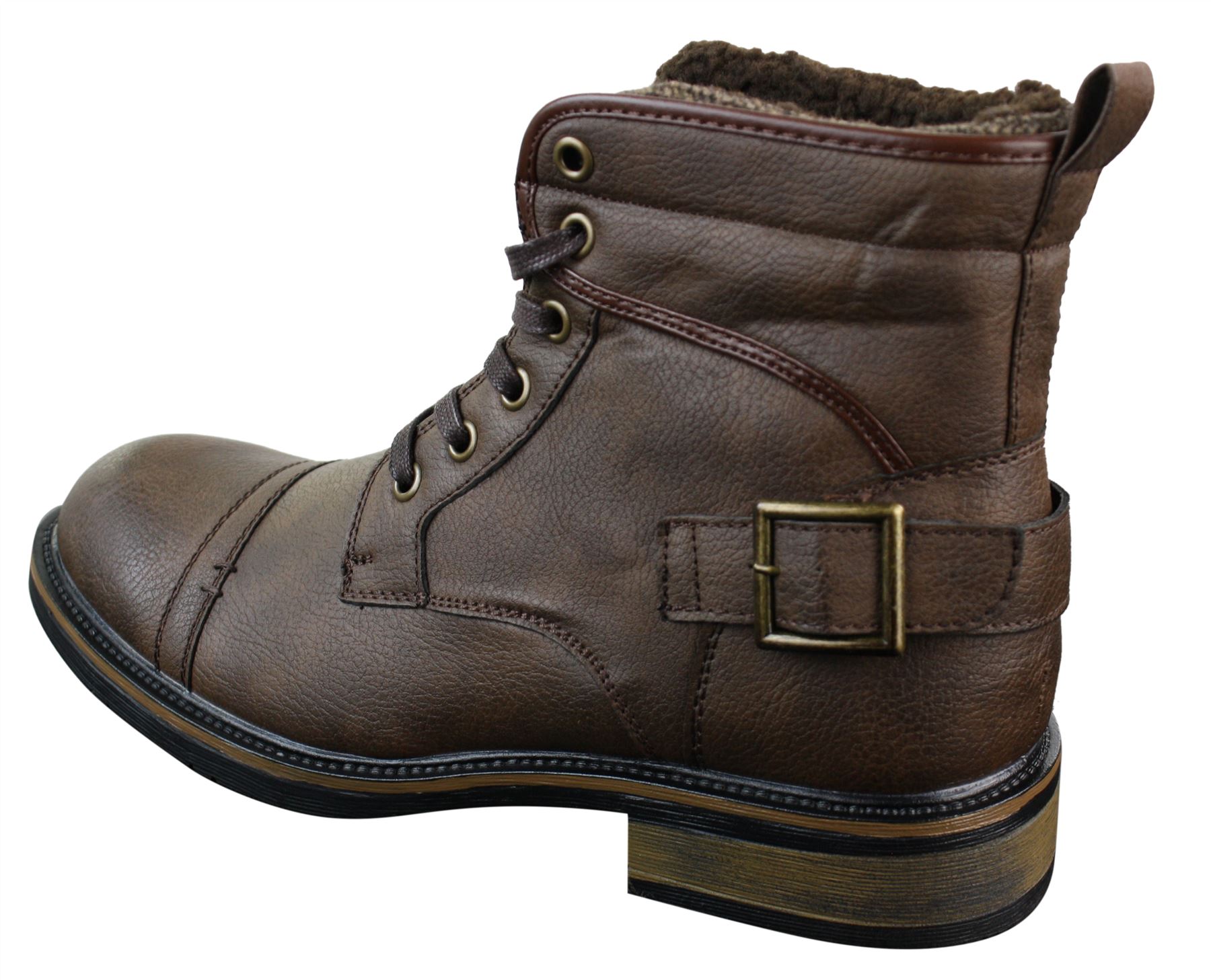 Mens PU Leather Fleece Lace Ankle Combat Buckle Military Army Biker