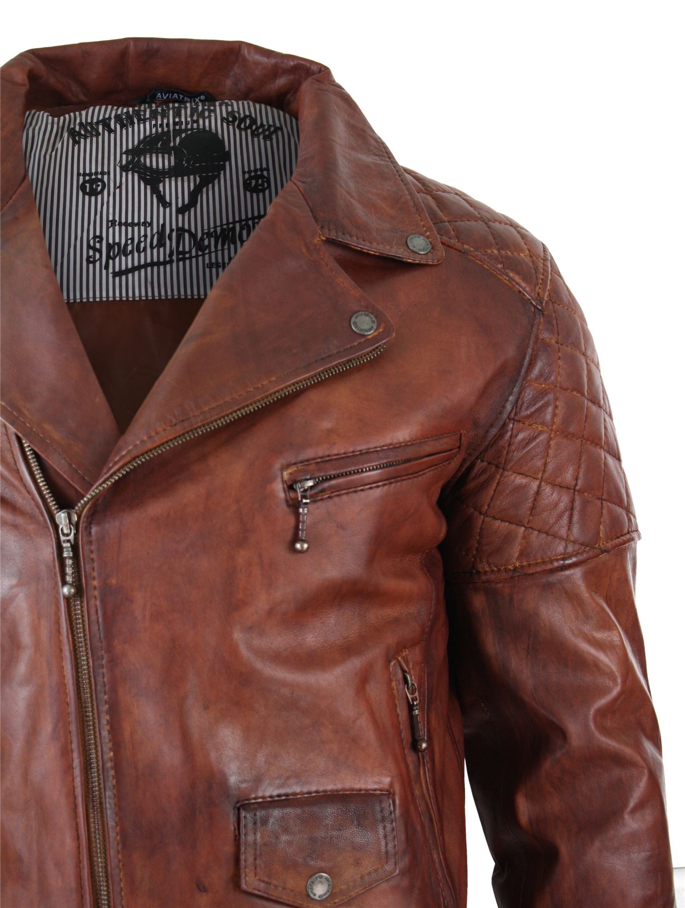 Mens Vintage Washed Tan Brown Real Leather Biker Jacket Cross Zip Mens Vintage Washed Tan Brown Real Leather Biker Jacket Cross Zip Retro Casual