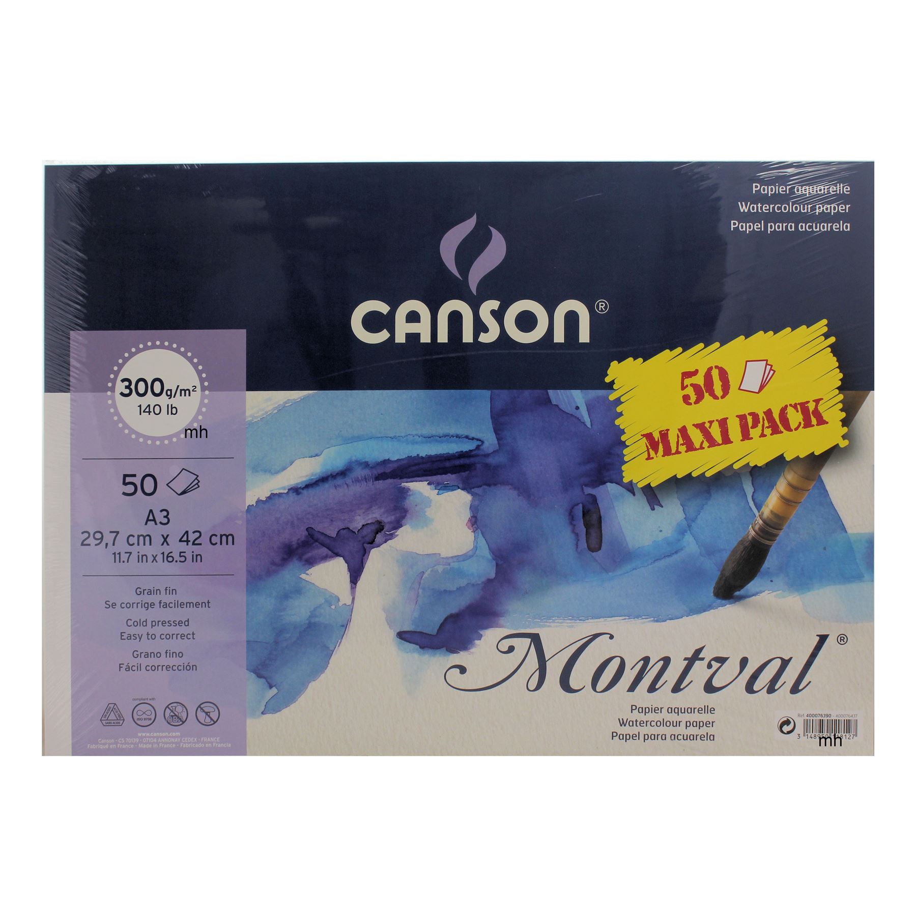 Canson Montval A3 50 Sheets 300gsm Cold Pressed Watercolour paper Pack